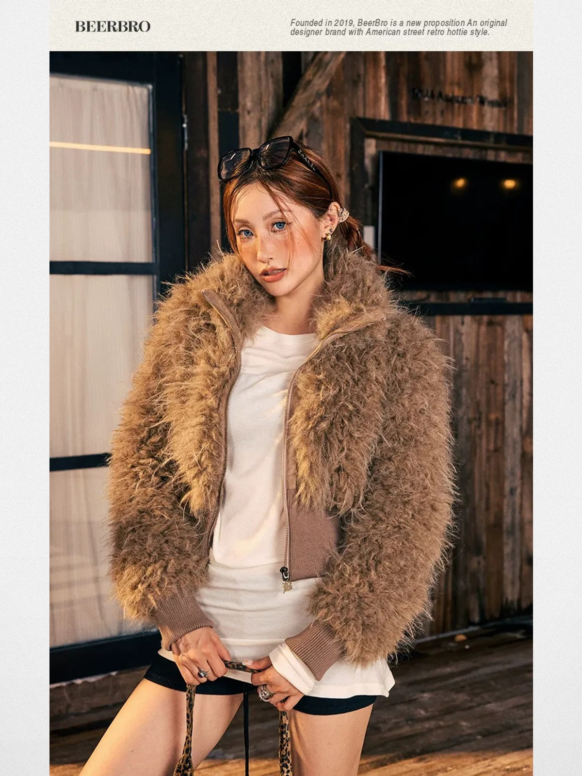 BeerBro Shaggy Faux Fur Cropped Jacket in Brown - Lifestyle