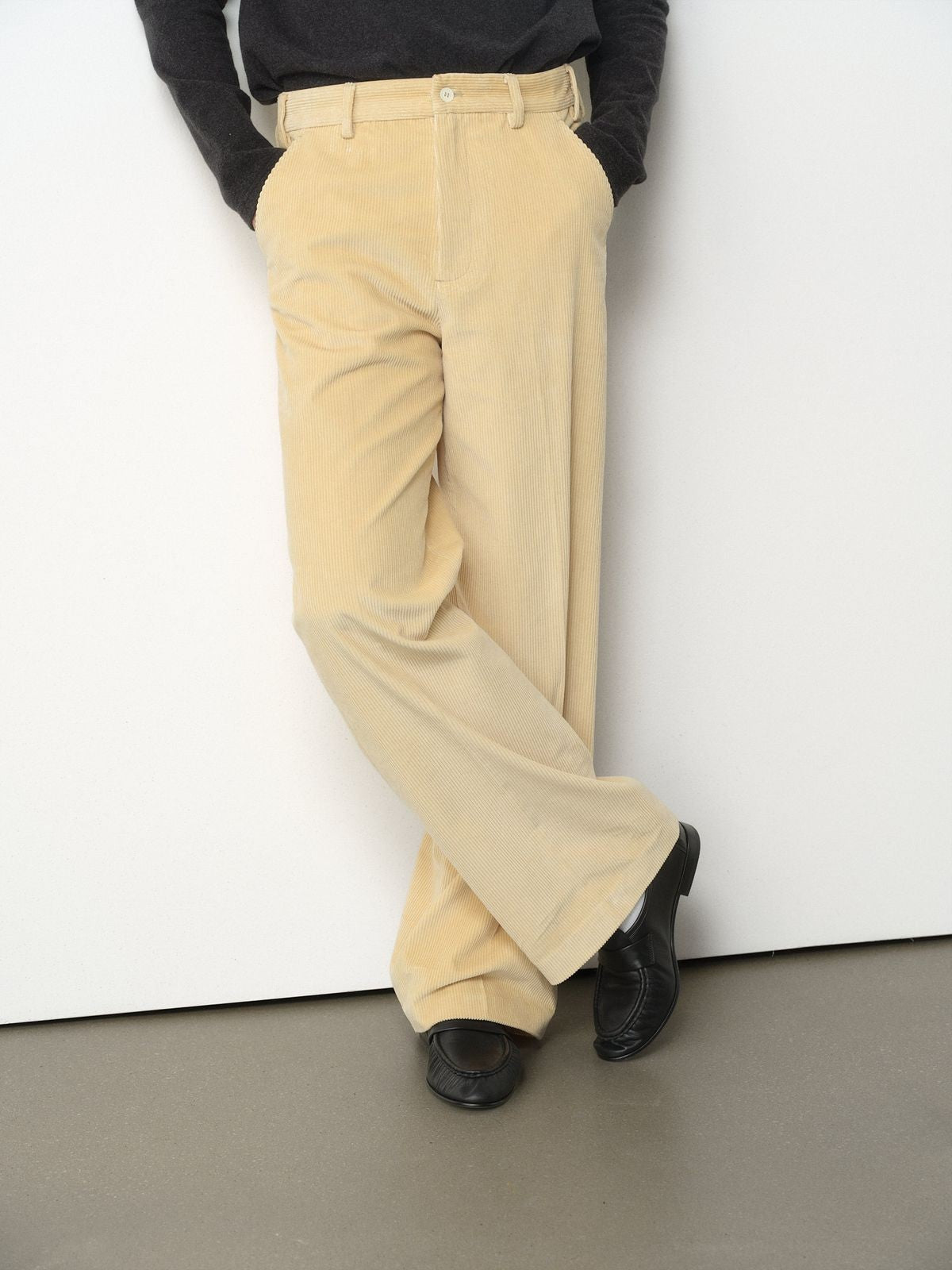 ROYA Supima Cotton Corduroy Trousers in Beige - On Model