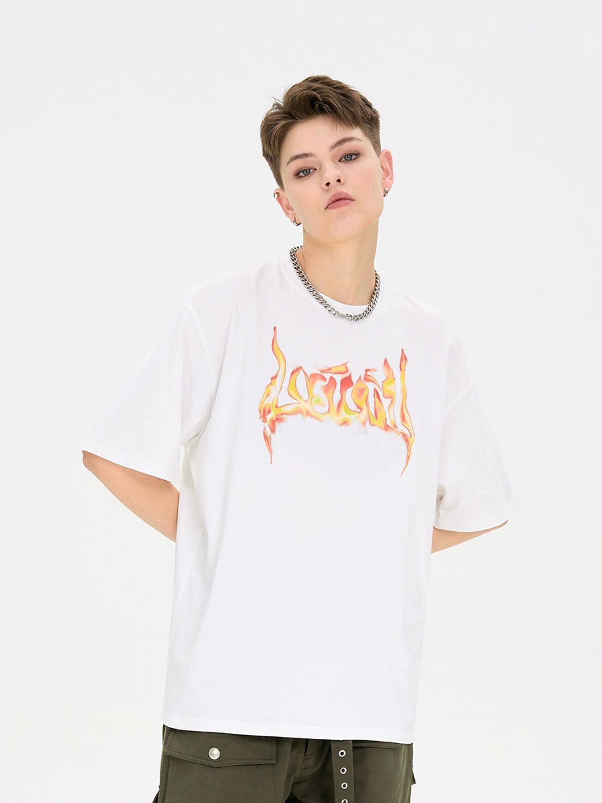 LOSTCTRL Flame Logo Heavy Cotton T Shirt in White - On Model