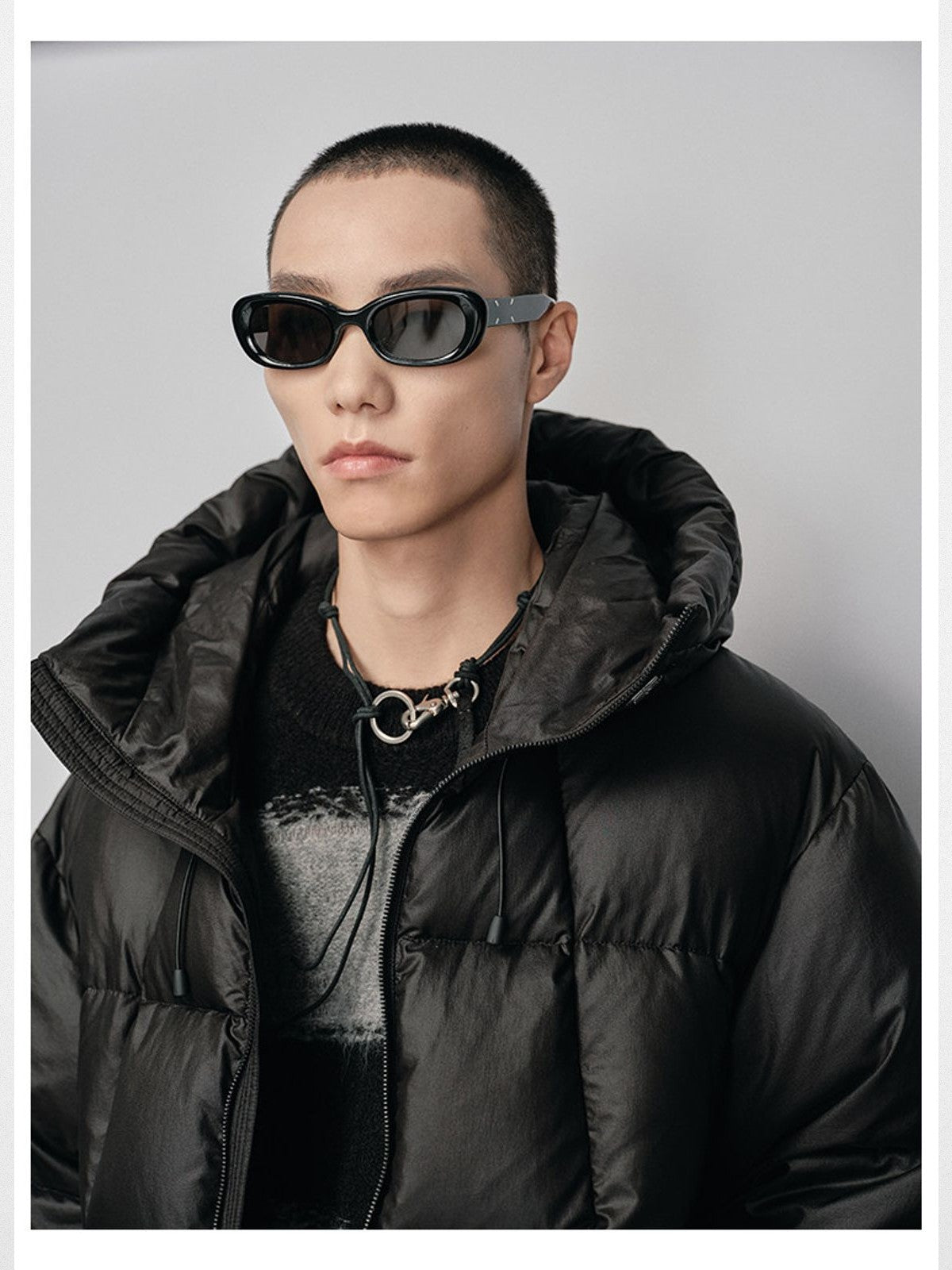 NANS Micro Check Hooded Down Puffer in Black - On Male Model