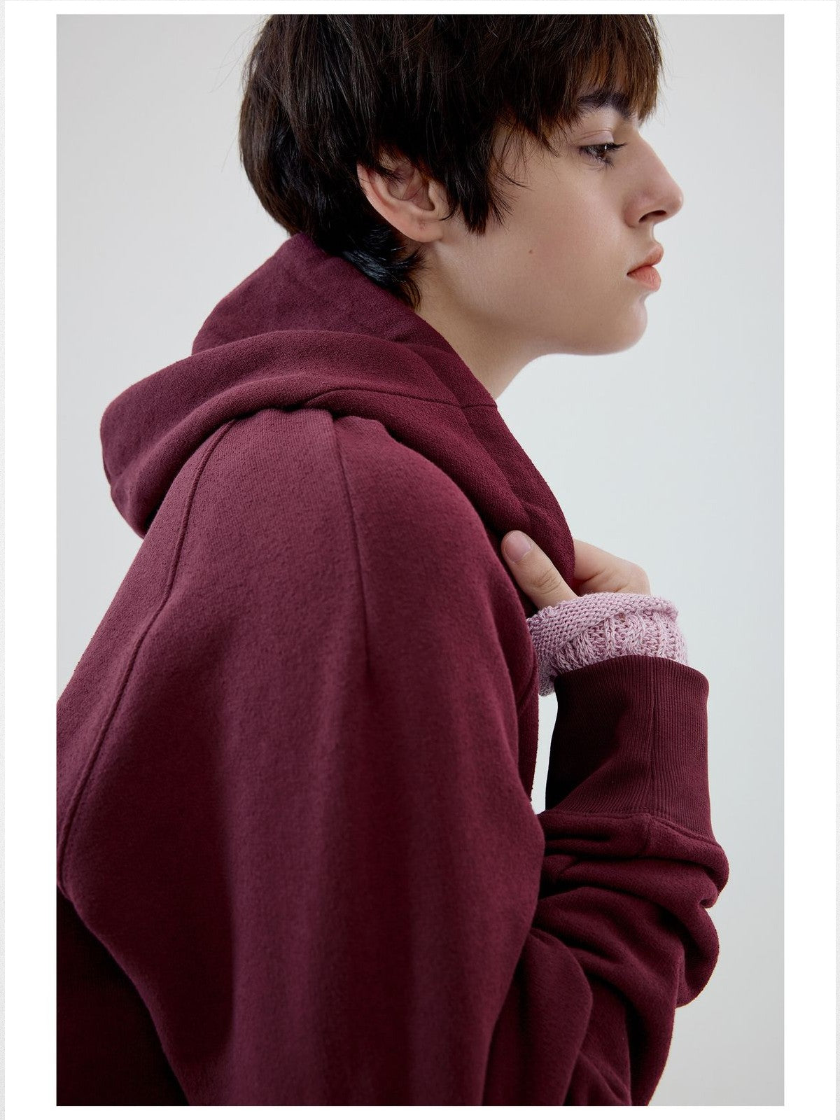 Simple Project Cotton Blend Zip Up Hoodie in Burgundy - On Female Model