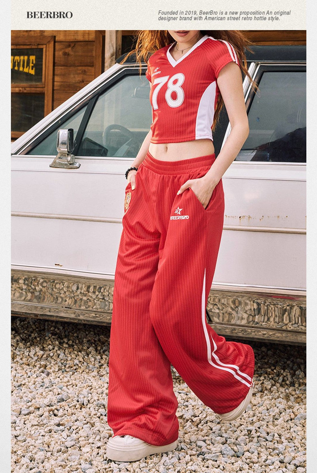 BeerBro Striped Wide Leg Track Pants in Red - On Model