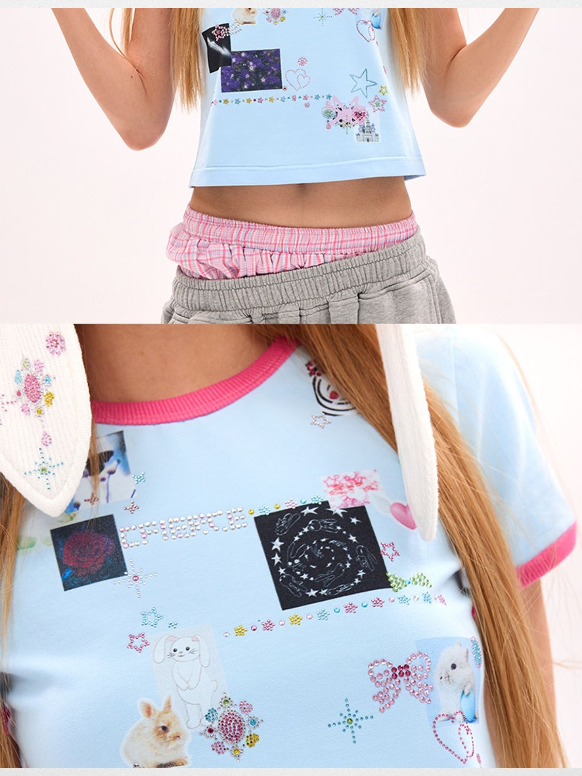 CFIERCE Sticker Print Rhinestone T Shirt in Sky Blue - On Female Model
