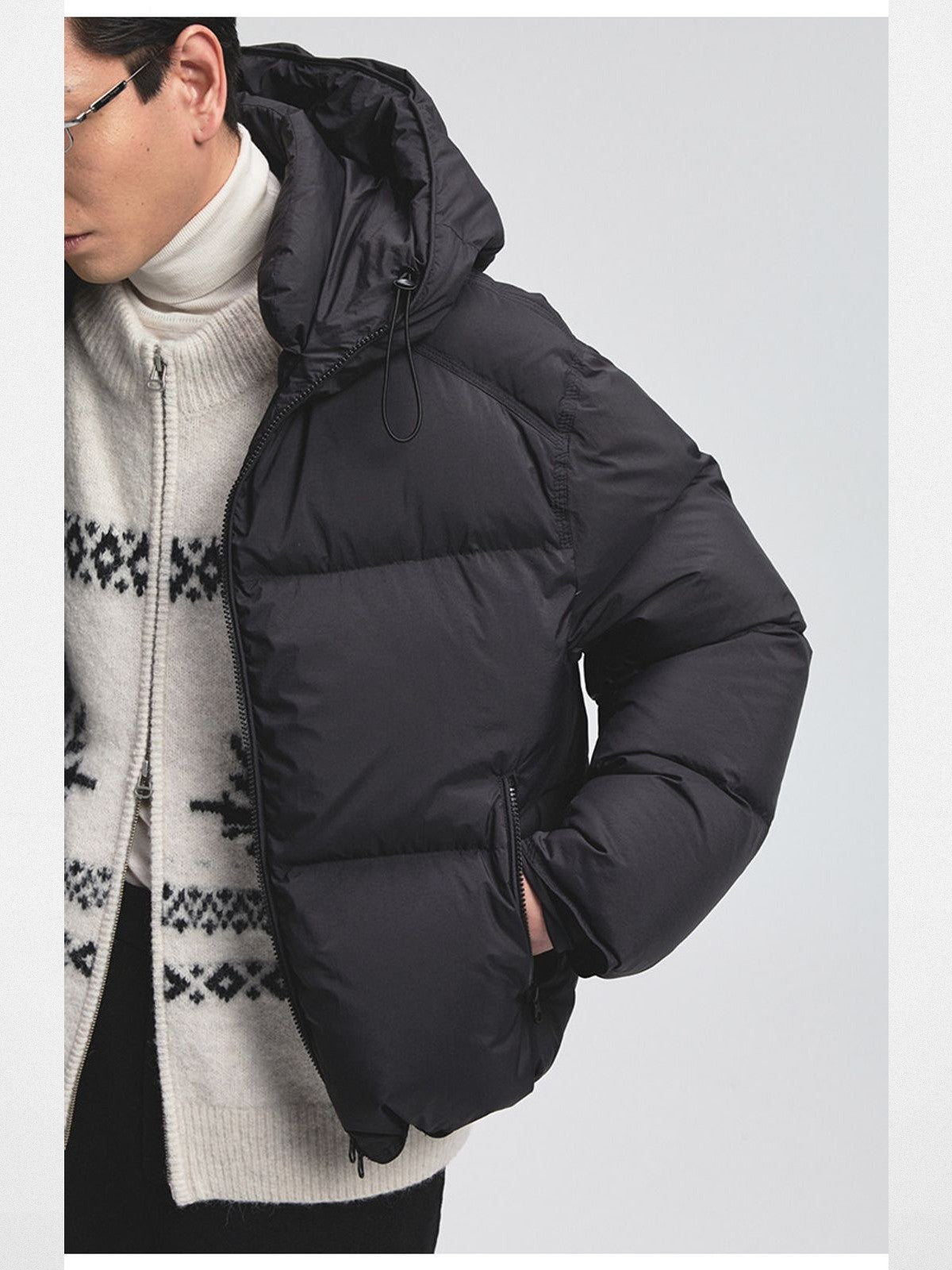 NANS Glossy Hooded Down Puffer in Black - On Model