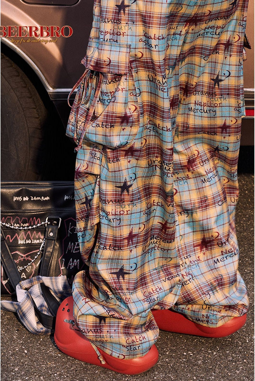 BeerBro Graffiti Plaid Strap Cargo Pants in Sky Blue