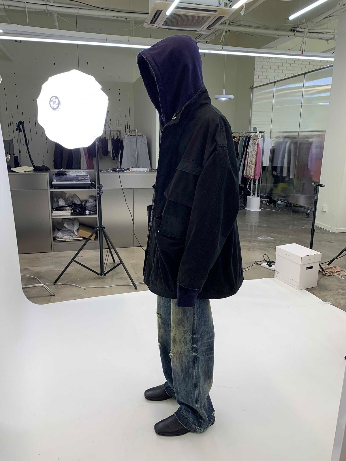 NeverSeez Distressed Cotton Barn Jacket in Black - On Male Model