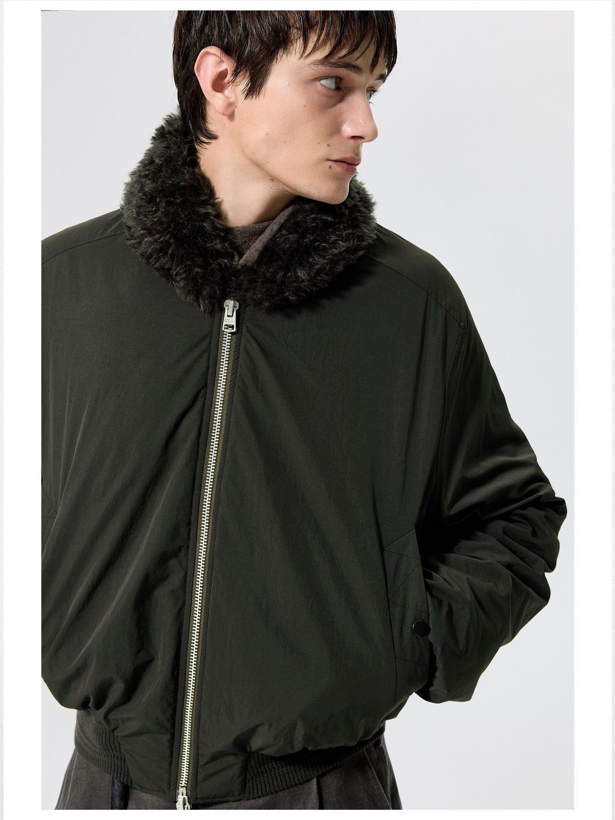 Simple Project Faux Fur Shawl Collar Padded Jacket in Green - On Male Model