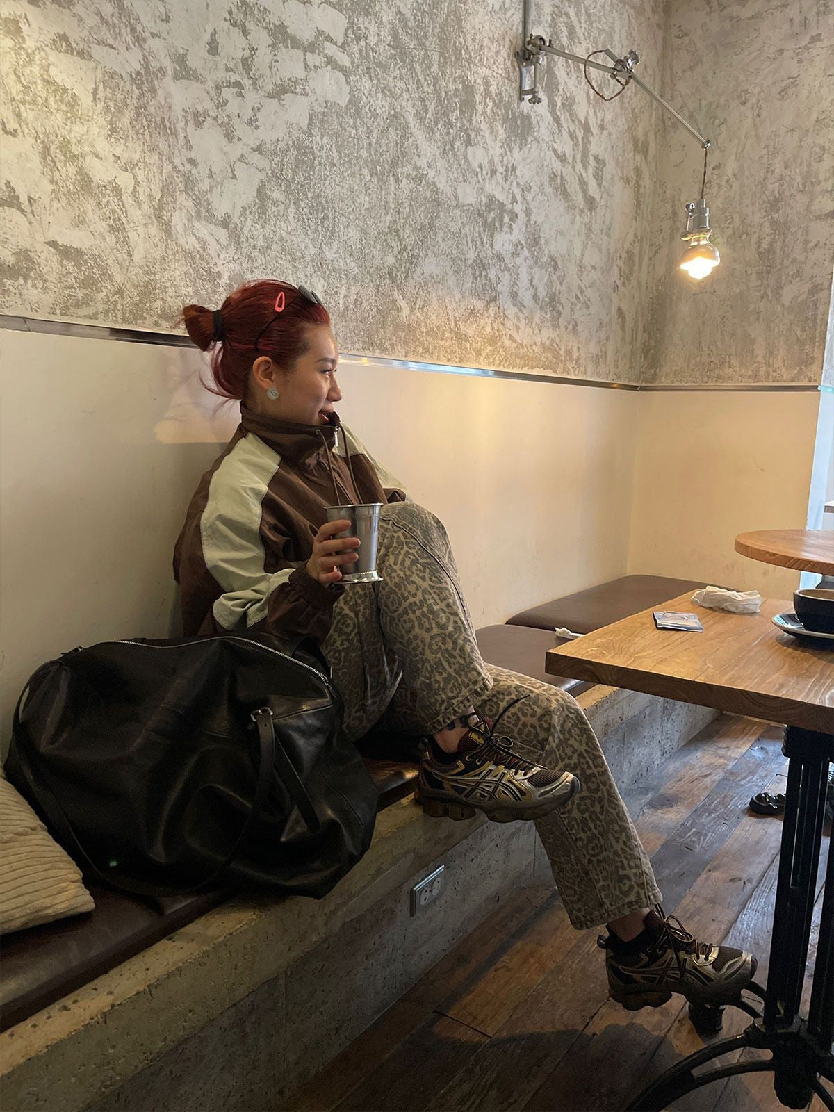 RandomPiece Color Block Stand Collar Jacket in Brown - On Model