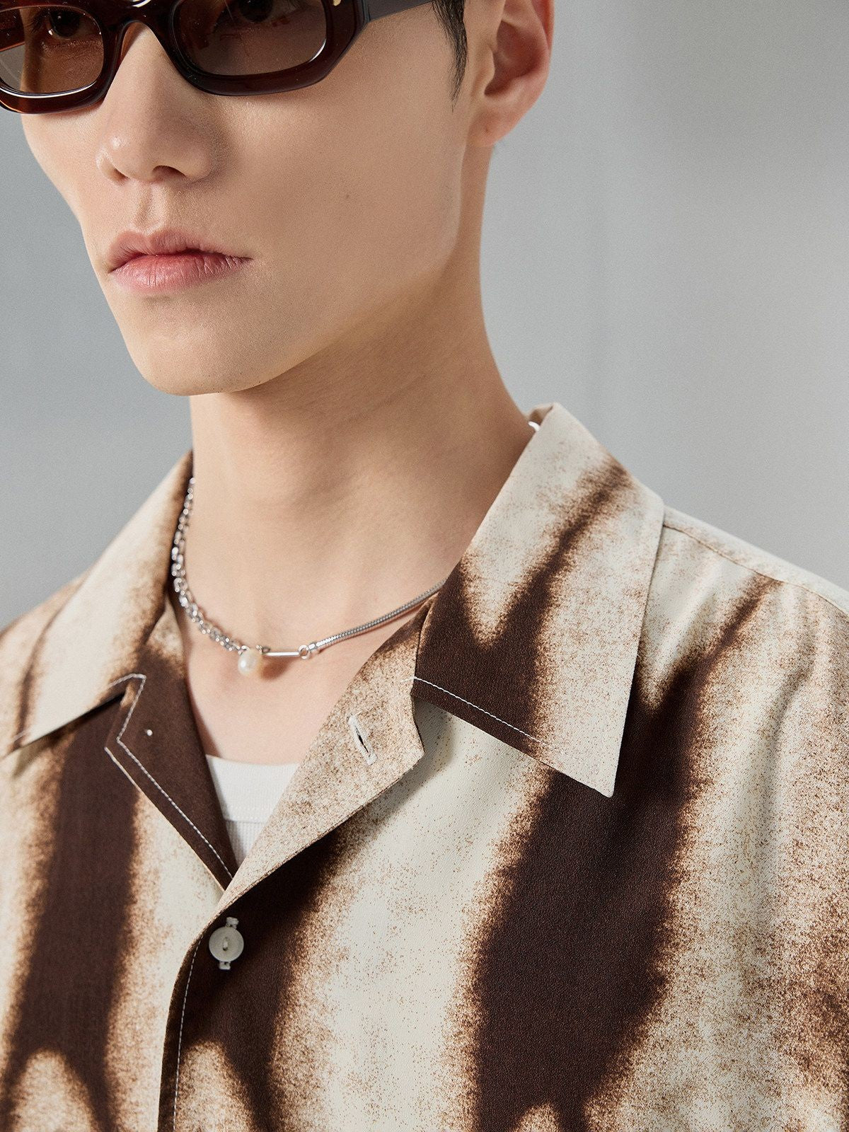 NANS Ink Splash Print Cuban Collar Shirt in Brown - On Model