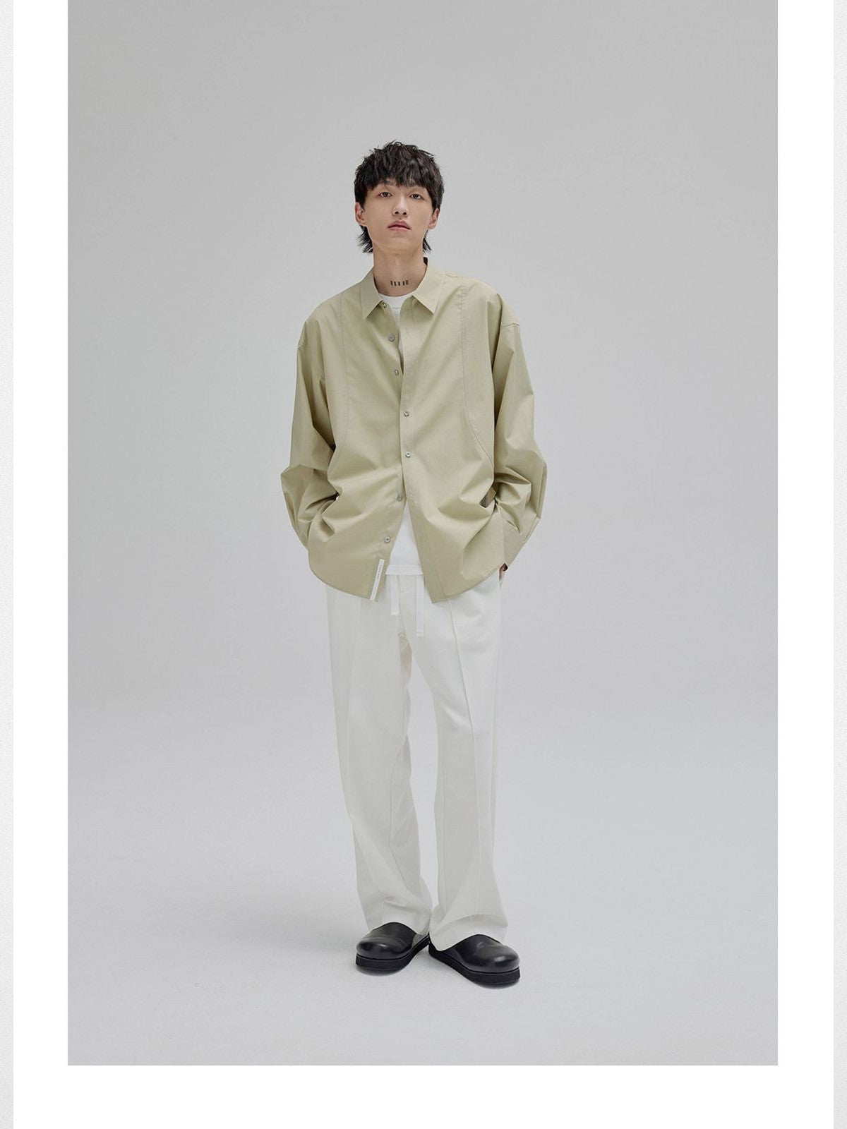 NANS Curved Seam Cotton Blend Shirt in Mint - On Model