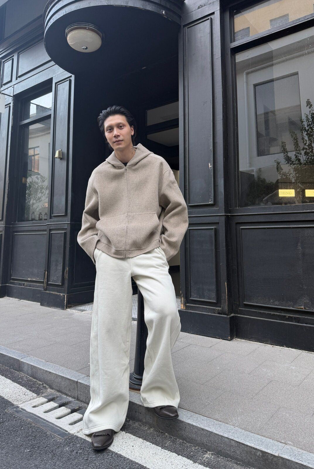 TRIANGLE PROJECT Brushed Cotton Wide Leg Sweatpants in White - On Model