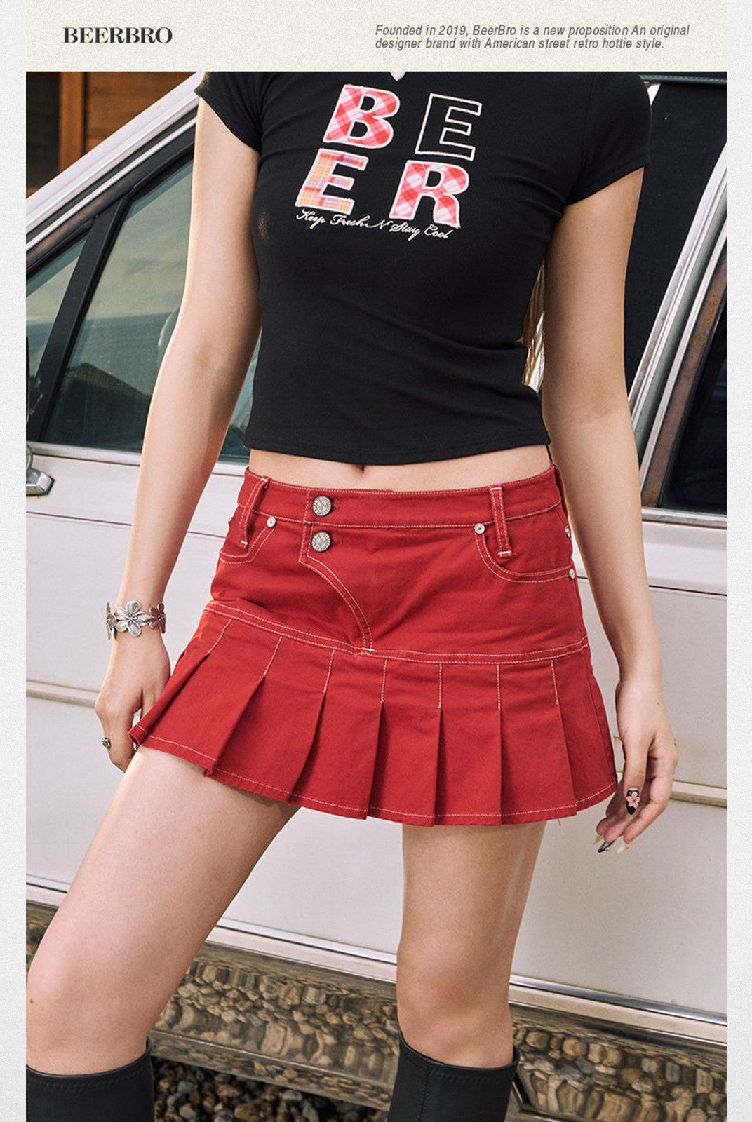 BeerBro Plaid Appliqu Baby Tee in Black - Lifestyle