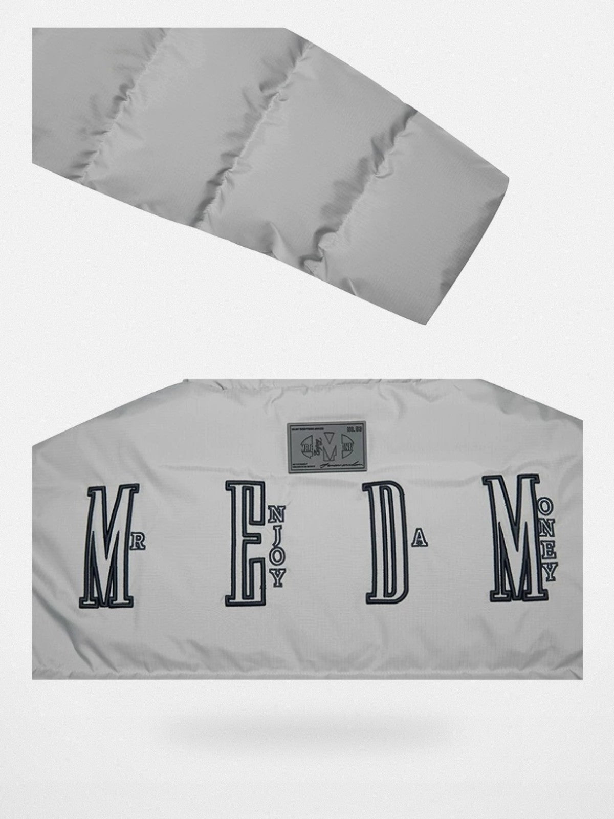 MEDM Embroidered Down Puffer Jacket in Gray - Detail