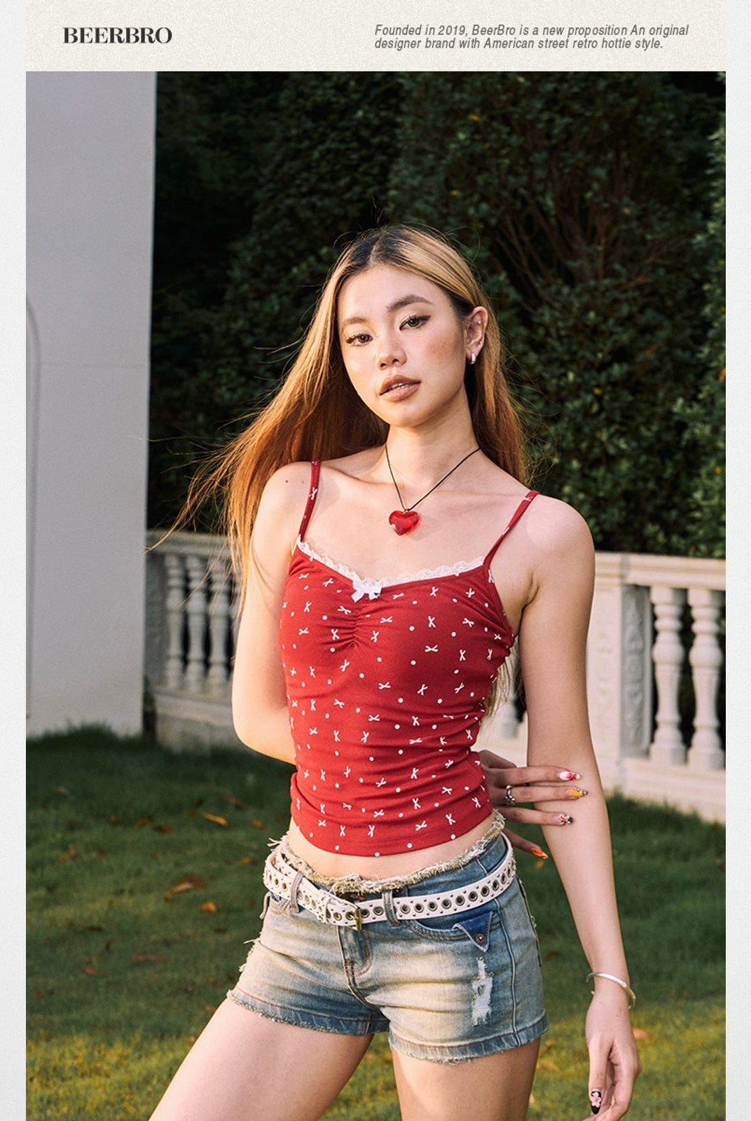 BeerBro Lace Trim Bow Print Camisole in Red - Lifestyle
