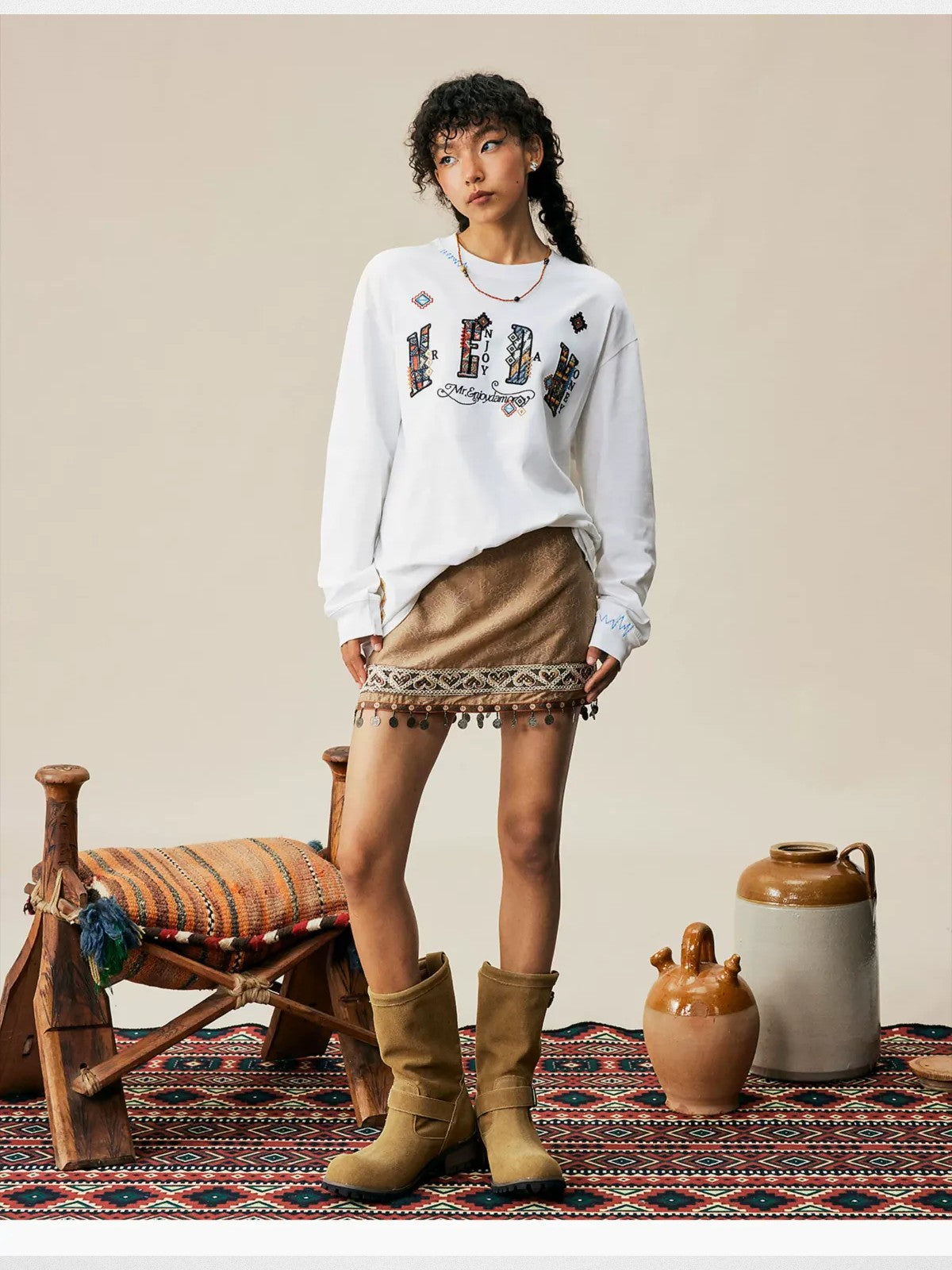 MEDM Ethnic Patchwork Long Sleeve Tee in White - On Female Model