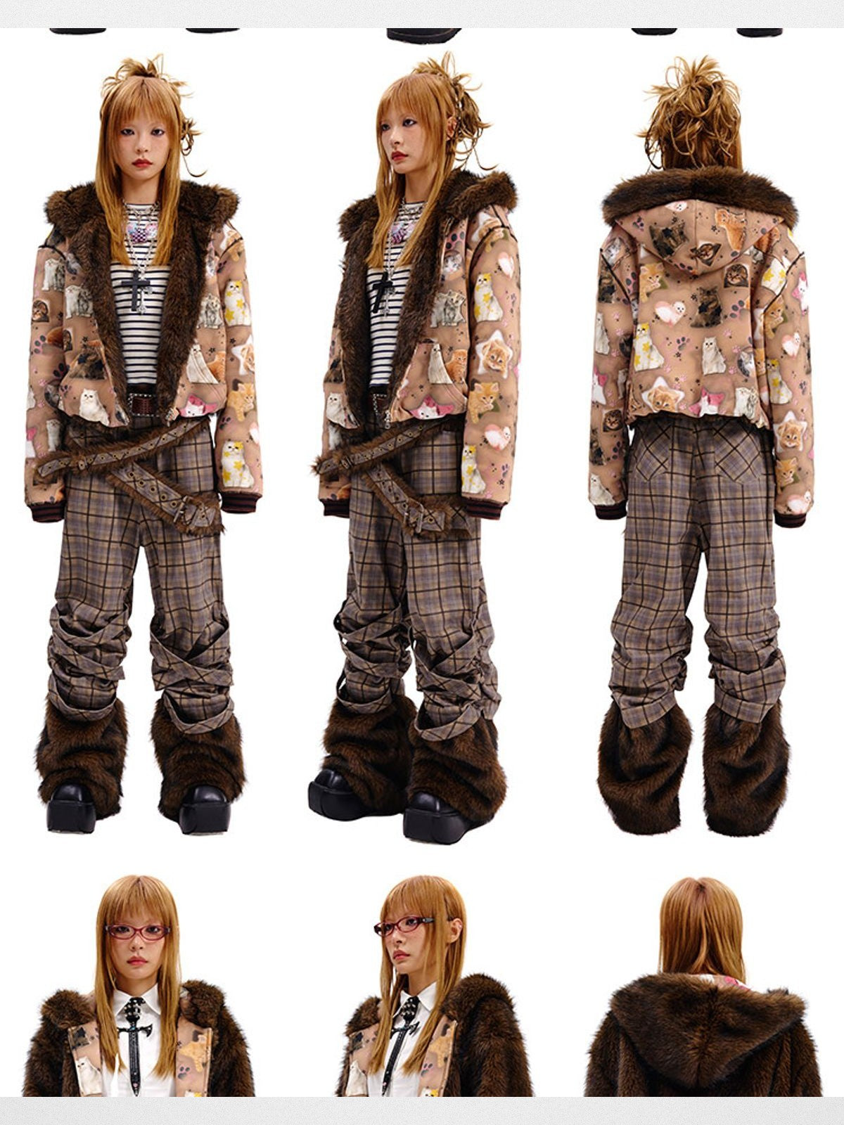 CFIERCE Reversible Cat Print Faux Fur Jacket in Beige - On Female Model