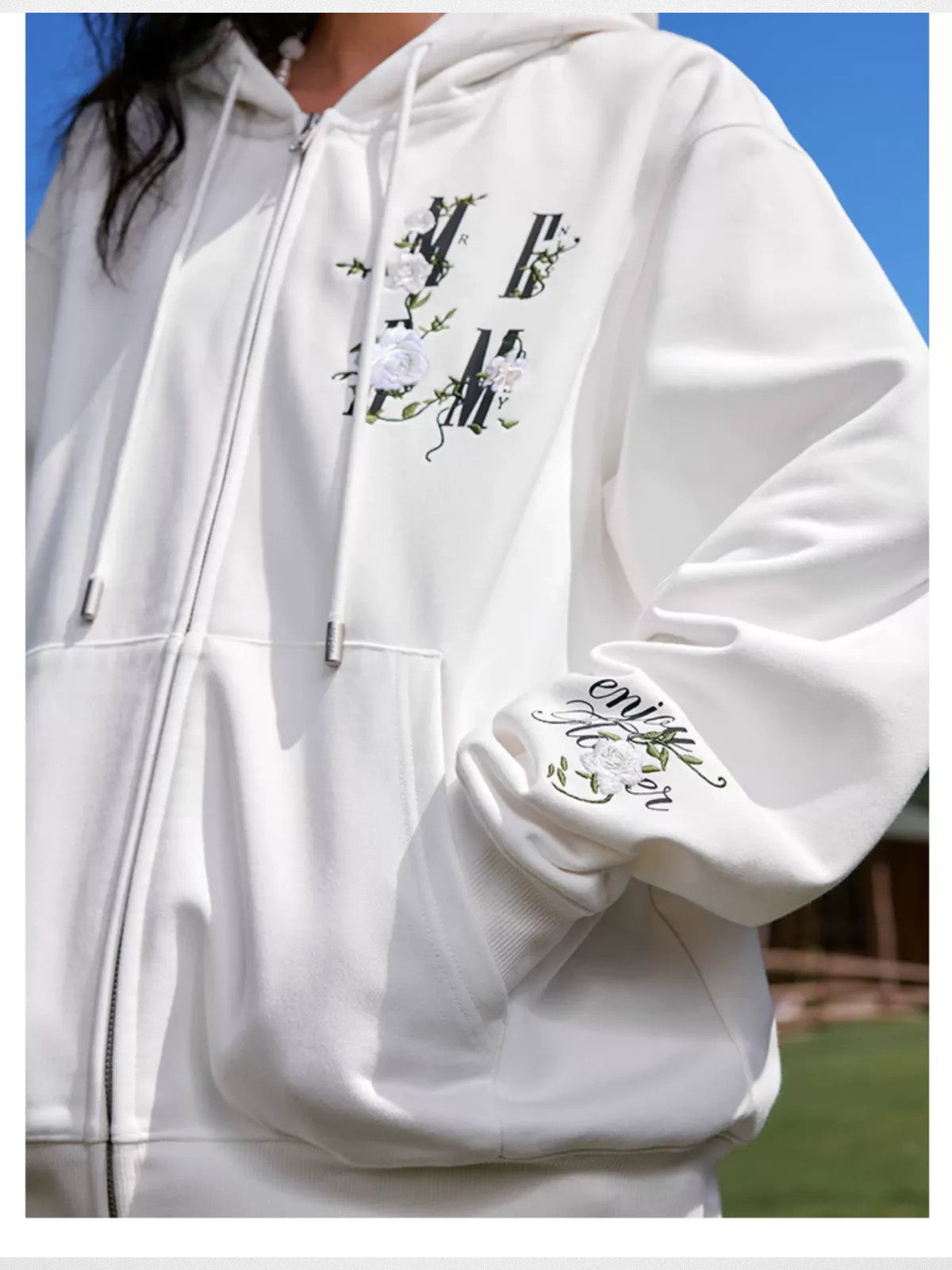 MEDM Camellia Embroidered Zip Hoodie in White - On Female Model