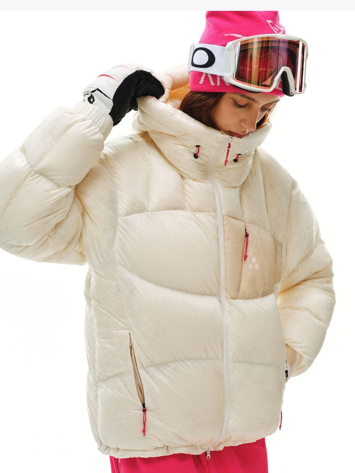 FPA 800FP Contrast Pocket Hooded Puffer in Cream - On Female Model