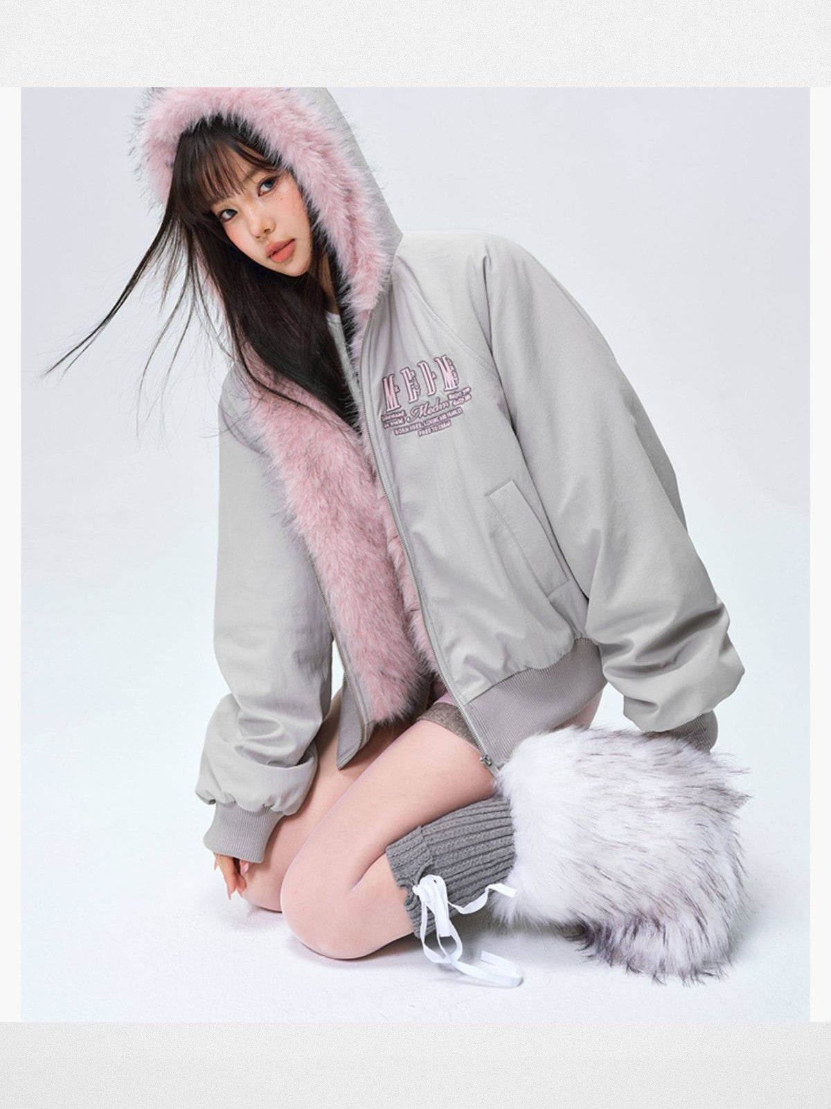 MEDM Faux Fur Trim Padded Jacket in Gray - On Female Model