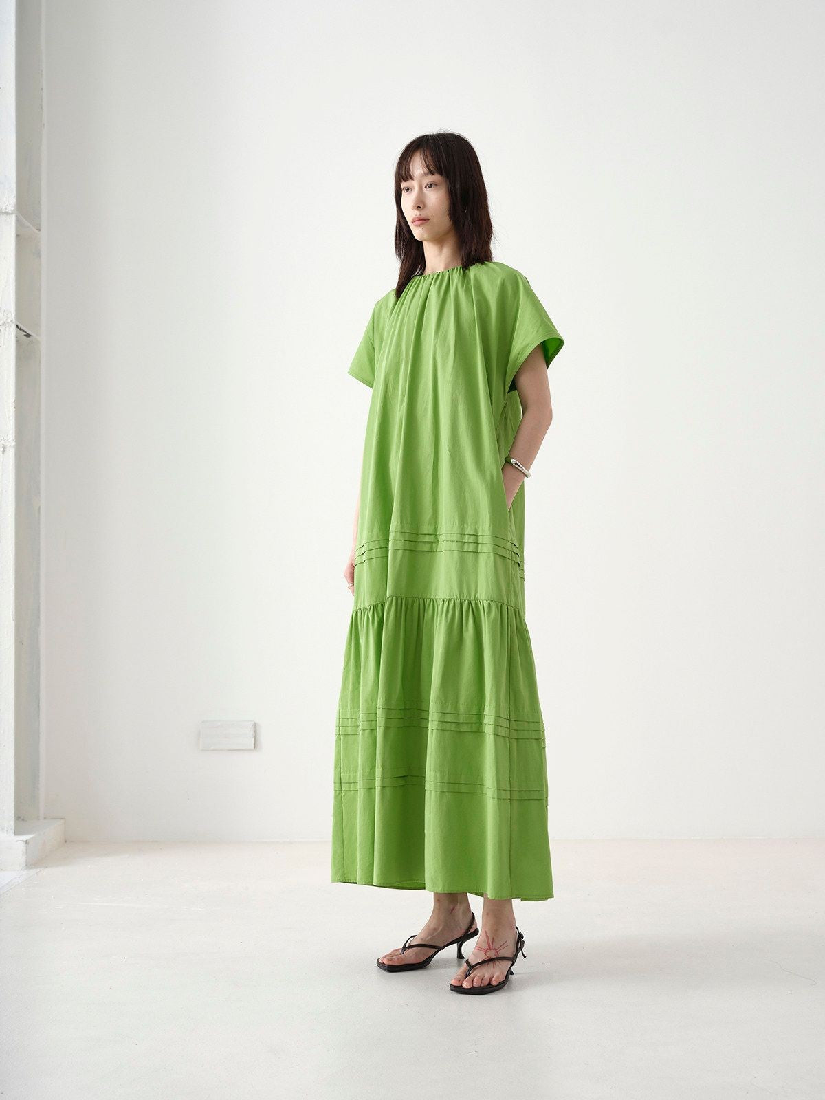 RandomPiece Eco Cotton Hemp Tiered Maxi Dress in Green - On Model