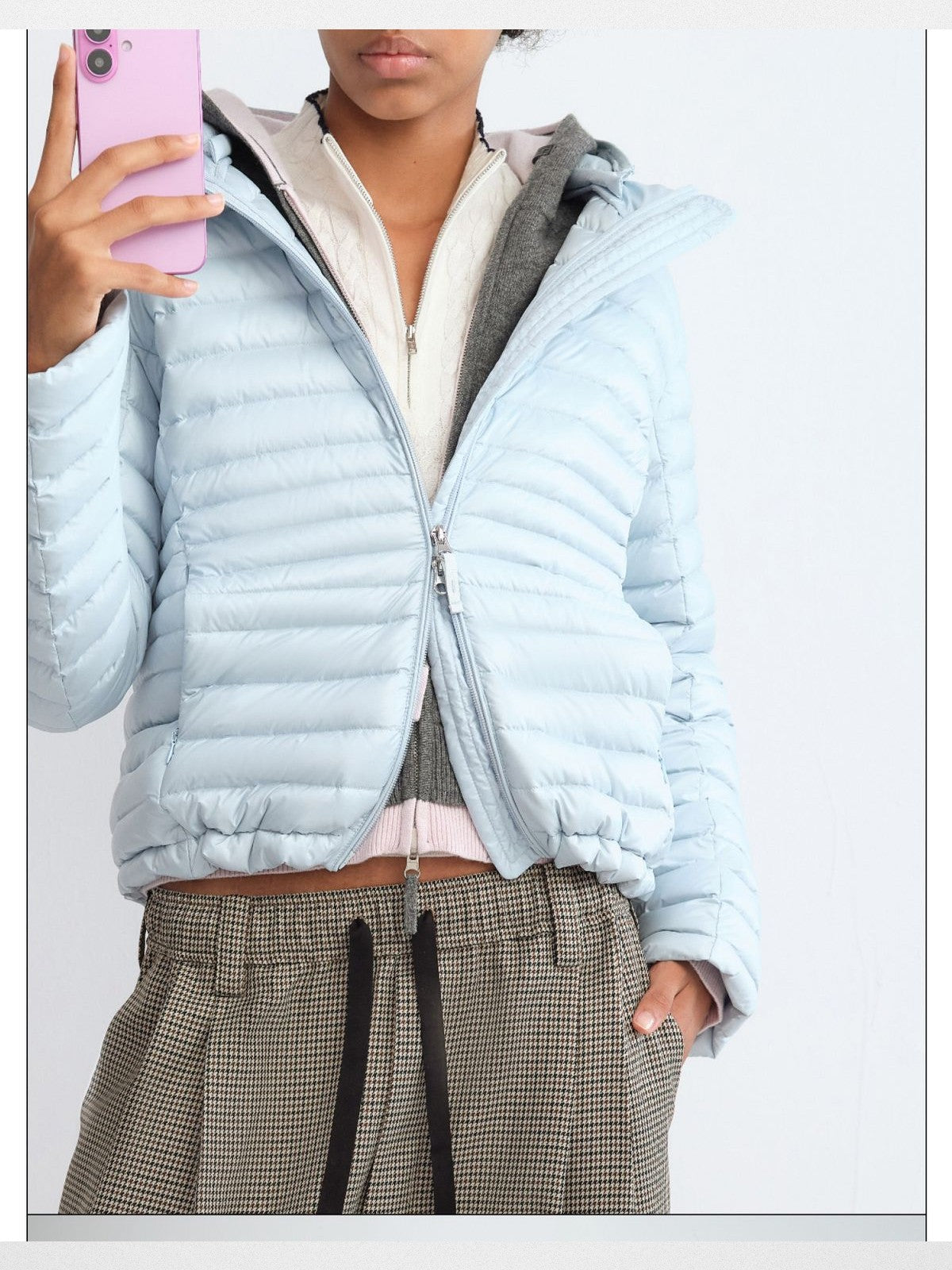 RARELY ALIKE Detachable Hood Down Puffer in Sky Blue - On Model