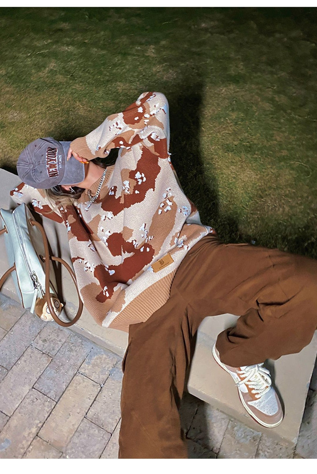 BeerBro Oversized Camo Knit Sweater in Beige