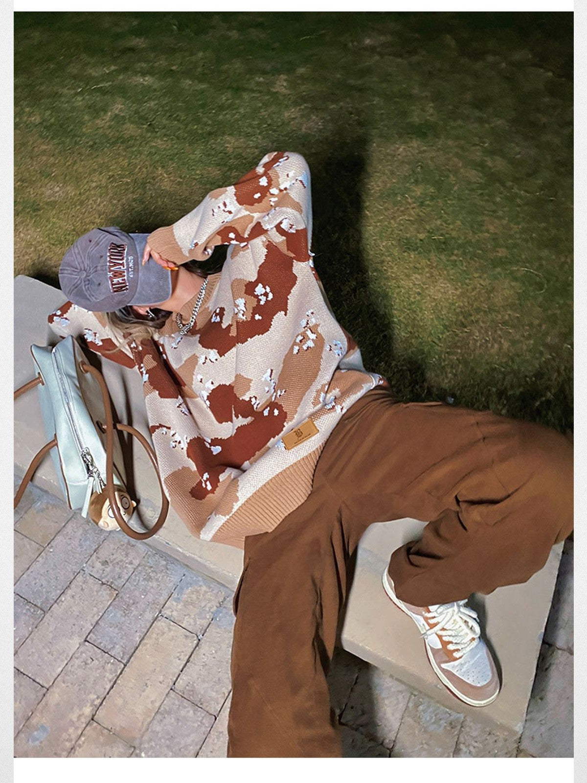 BeerBro Oversized Camo Knit Sweater in Beige