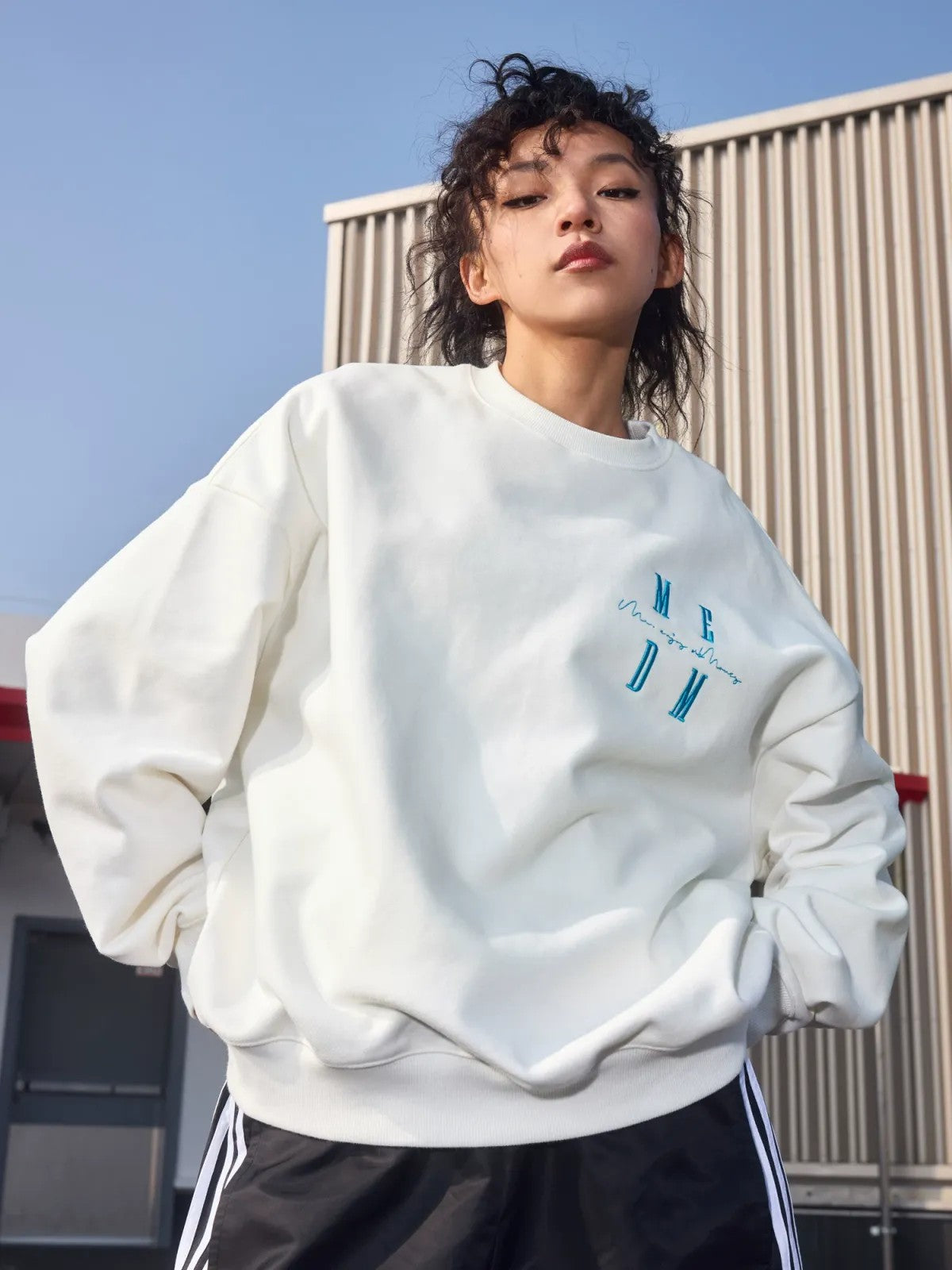 MEDM Oversized Logo Crewneck Sweatshirt in White