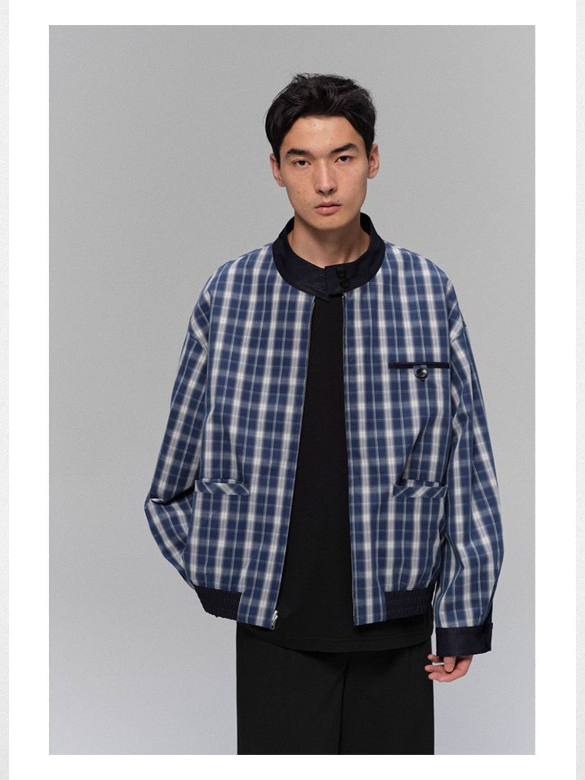 NANS Menswear Reversible Plaid Harrington Jacket in Navy Blue - On Model