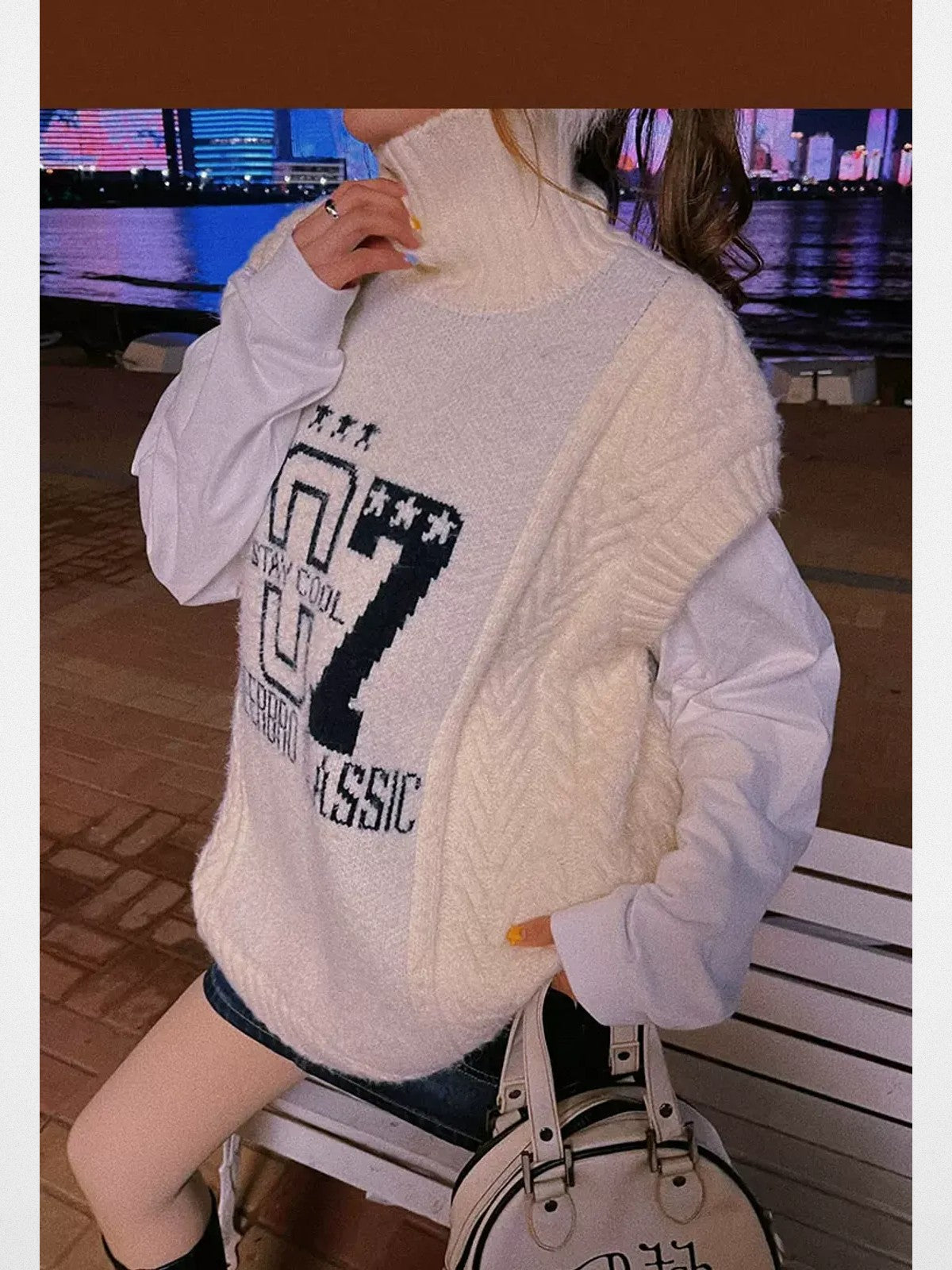 BeerBro Graphic Cable Knit Turtleneck Vest in Beige - On Model