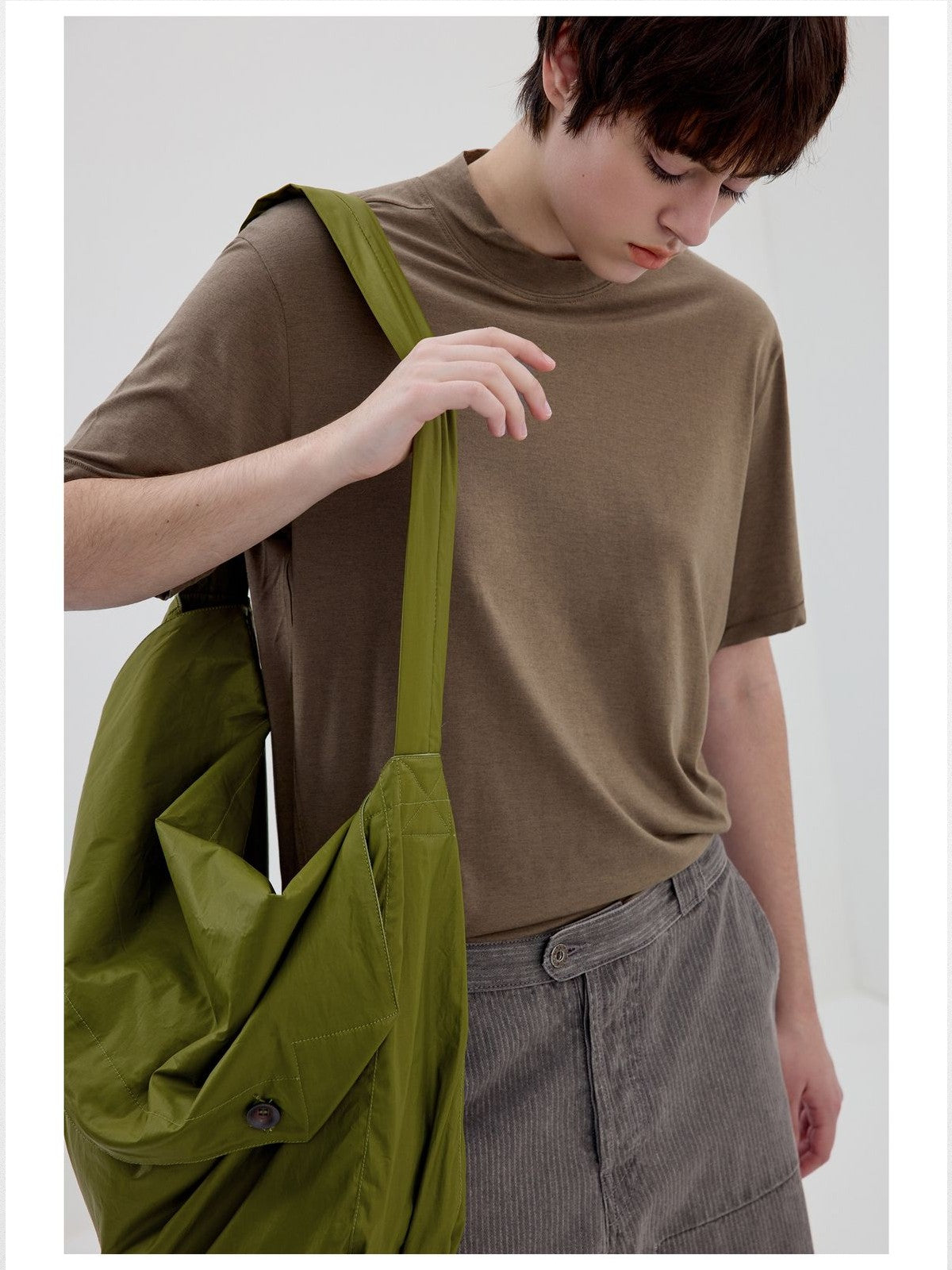 Simple Project Merino Wool Blend Mock Neck T Shirt in Brown - On Model