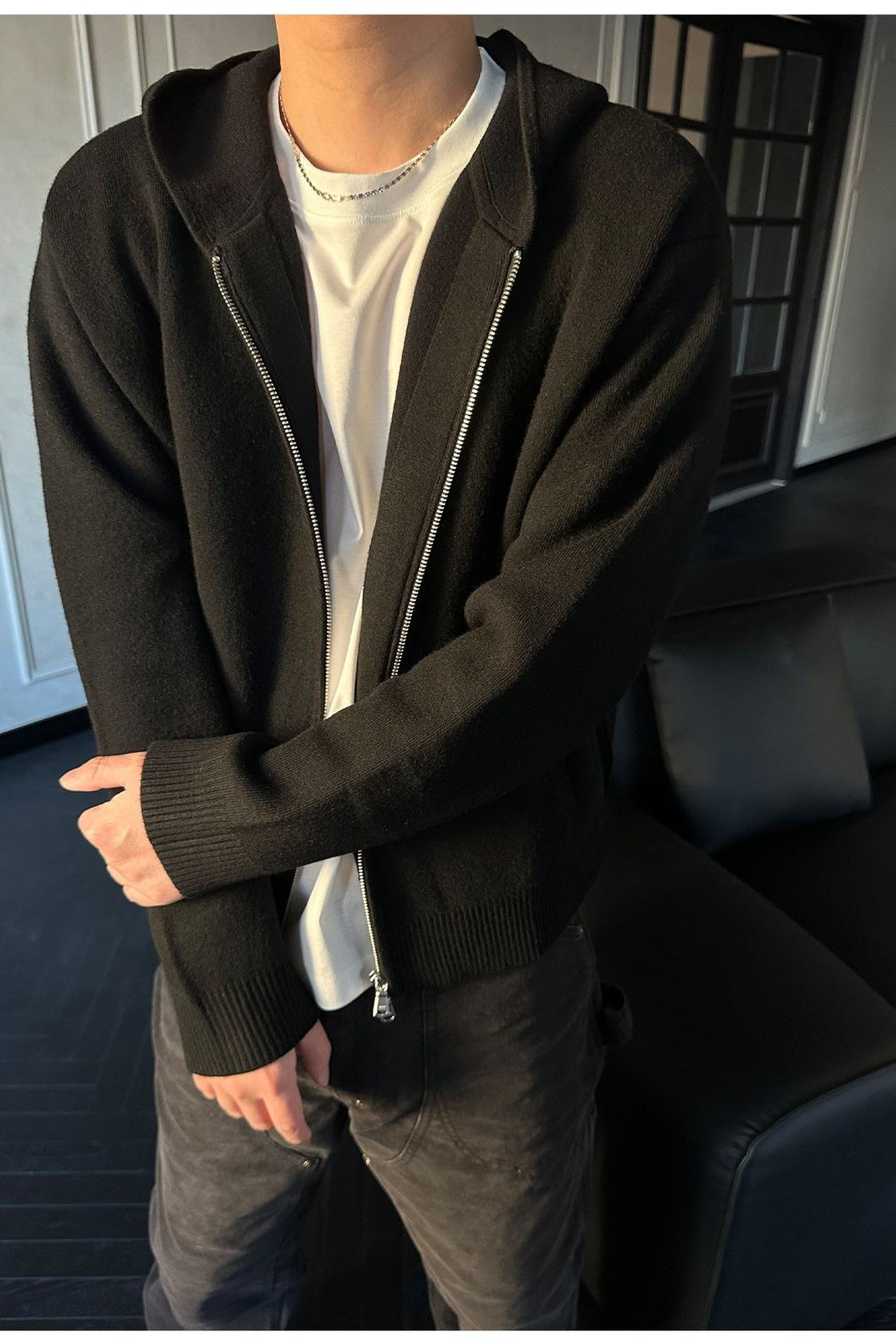 Roolrren Homme Wool Cashmere Zip Up Hoodie in Black - Lifestyle