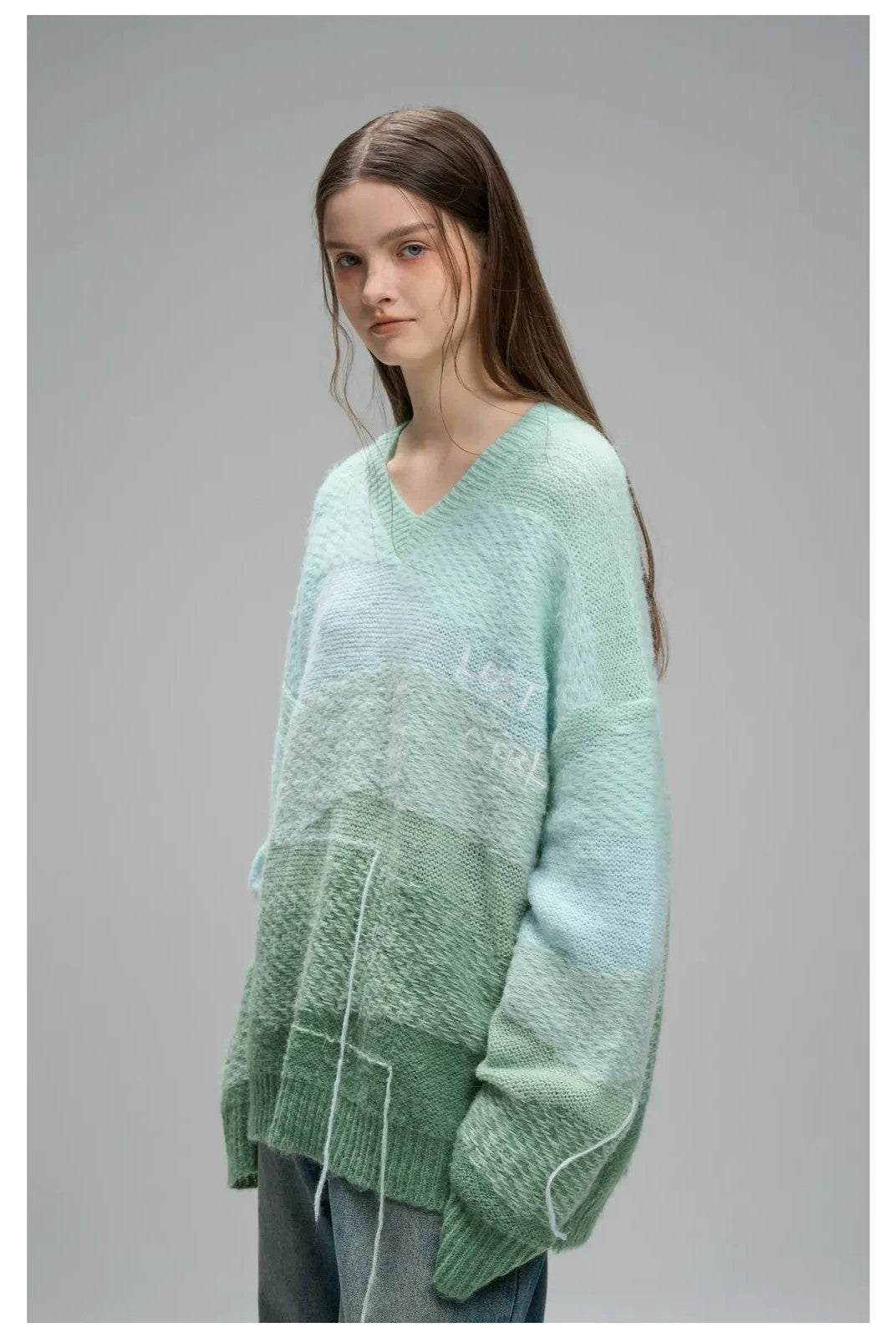 LOSTCTRL Gradient Fringe V Neck Sweater in Pink