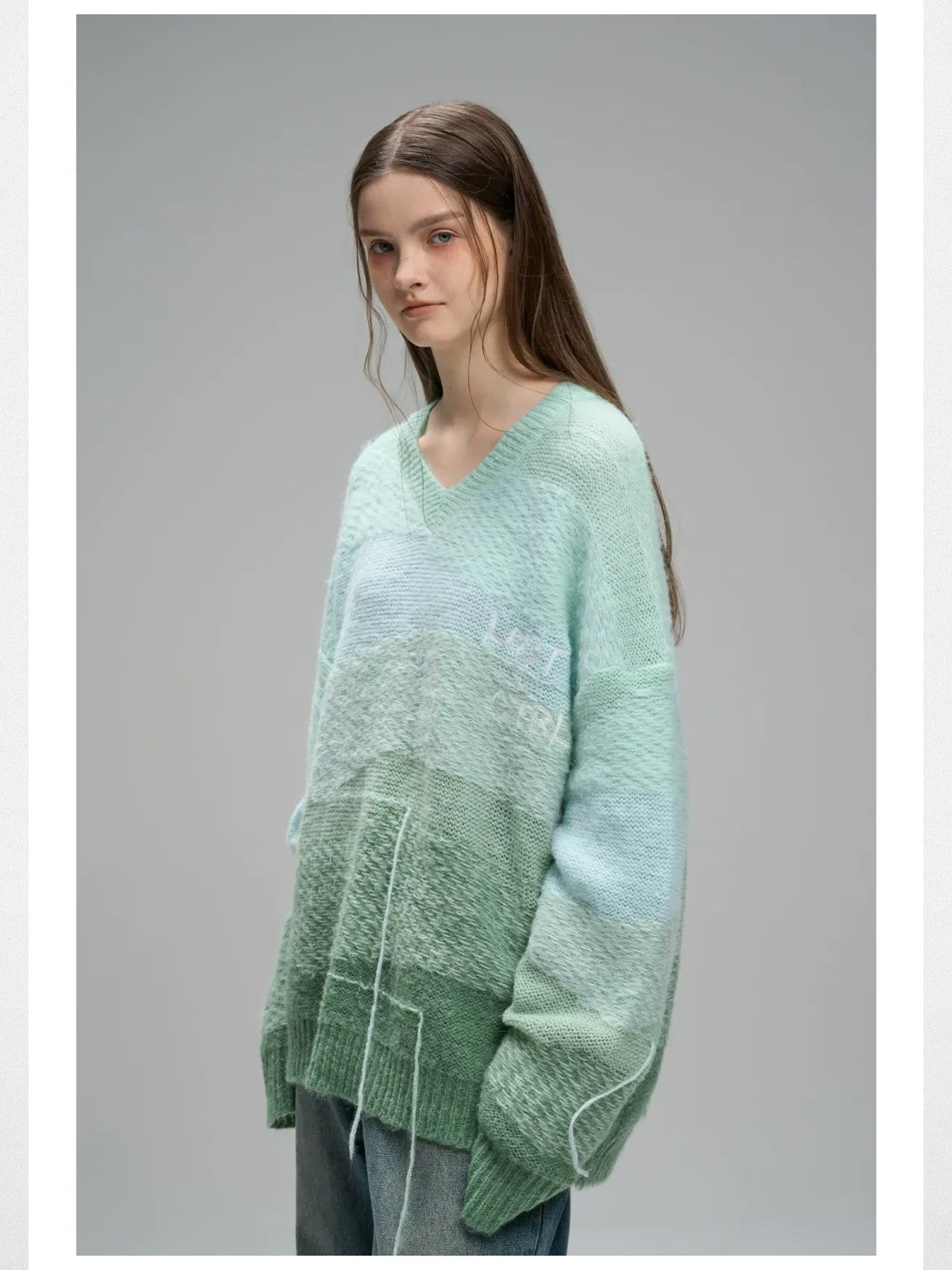 LOSTCTRL Gradient Fringe V Neck Sweater in Green