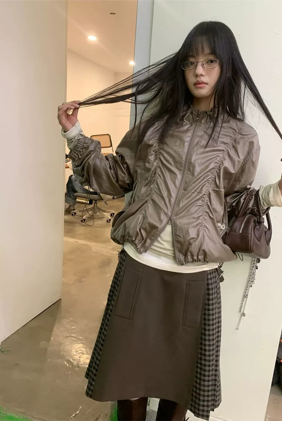 NeverSeez Glossy Ruched Tencel Windbreaker in Coffee - On Model