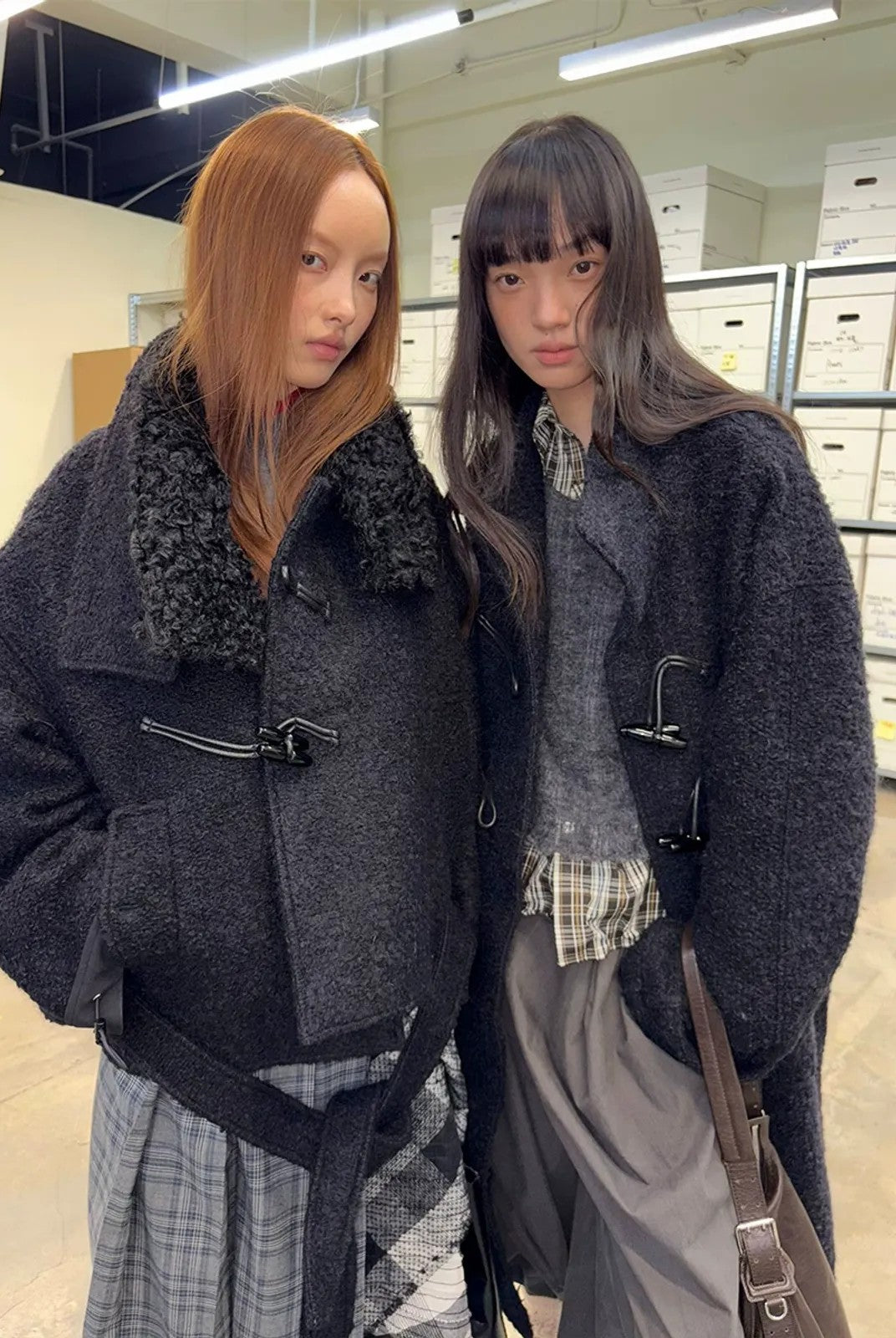 NeverSeez Boucl Wool Duffle Coat in Black