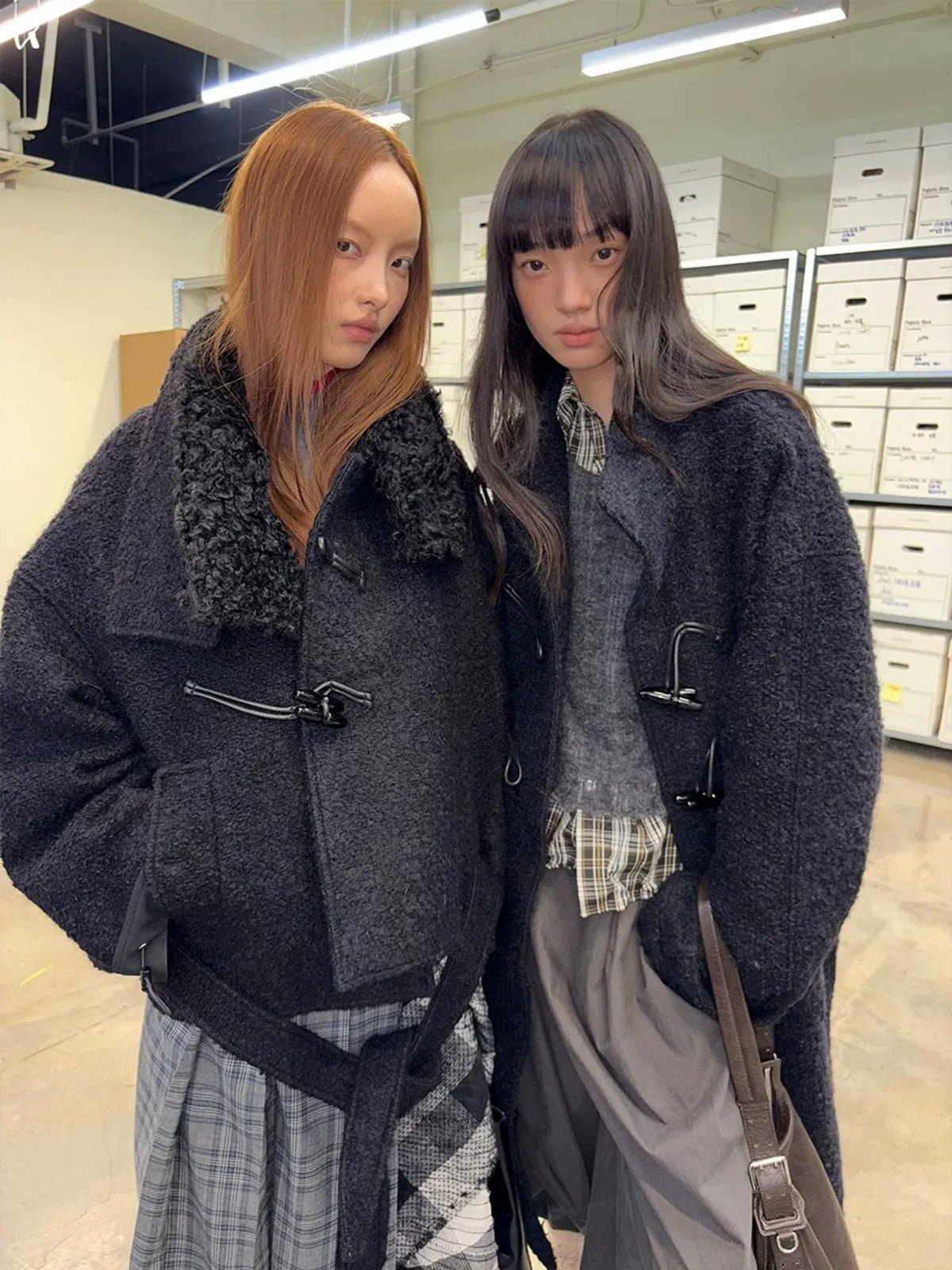 NeverSeez Boucl Wool Duffle Coat in Black