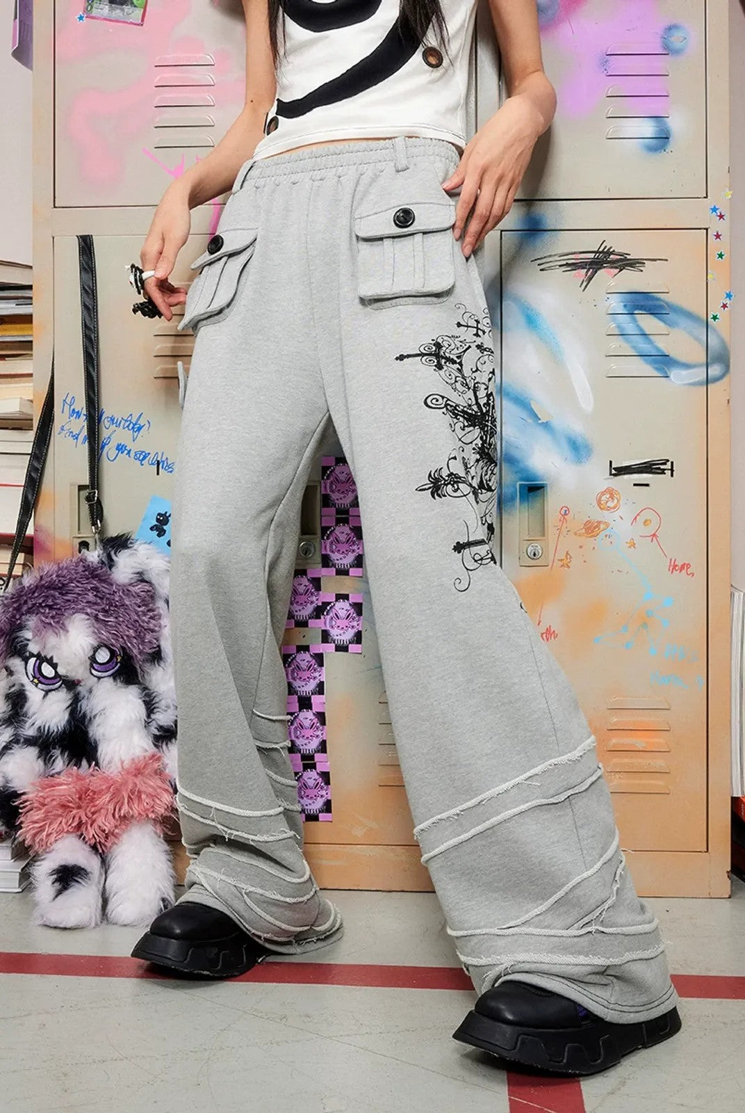 CFIERCE Cross Print Wide Leg Sweatpants in Gray - On Model