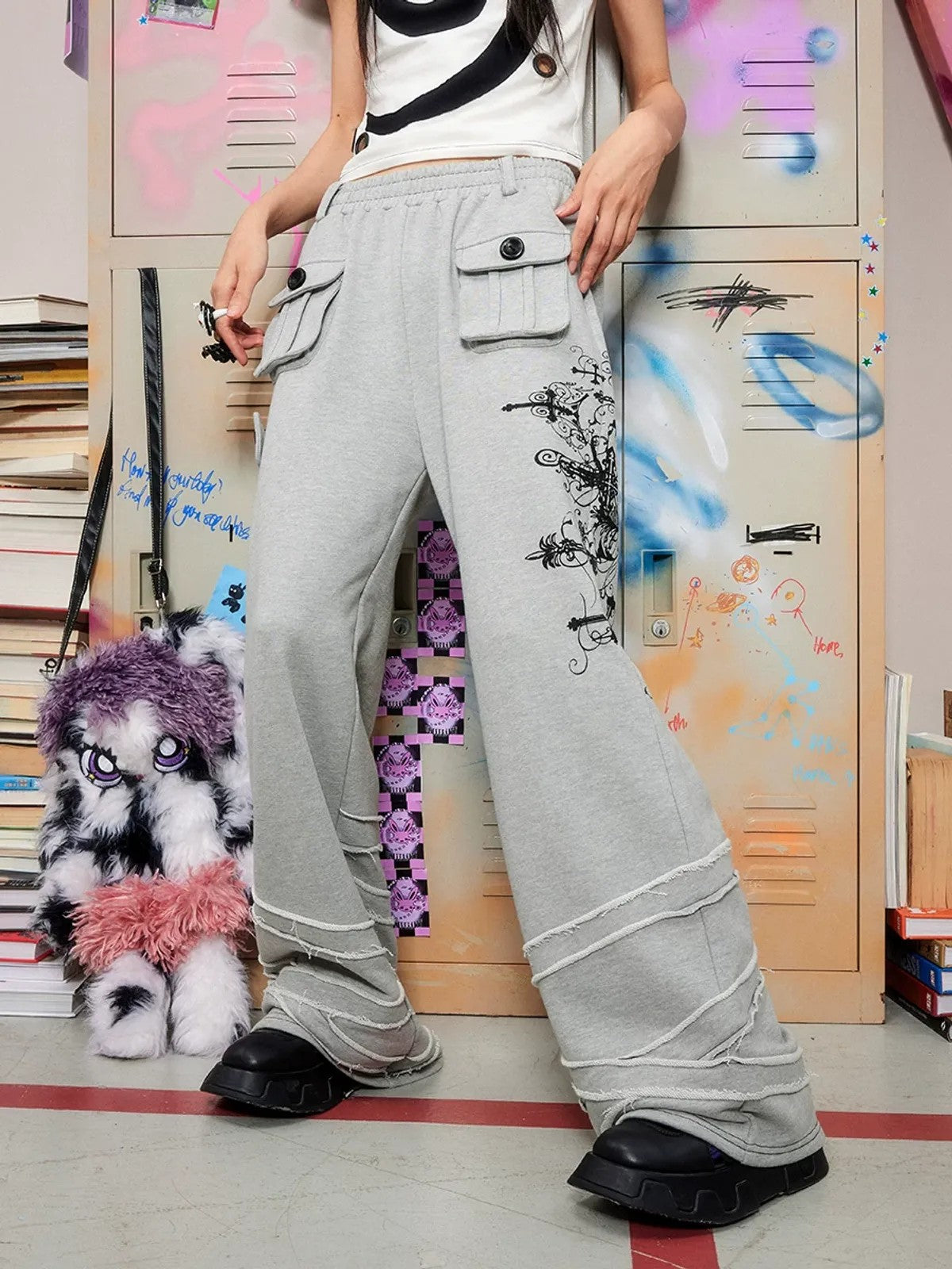 CFIERCE Cross Print Wide Leg Sweatpants in Gray - On Model
