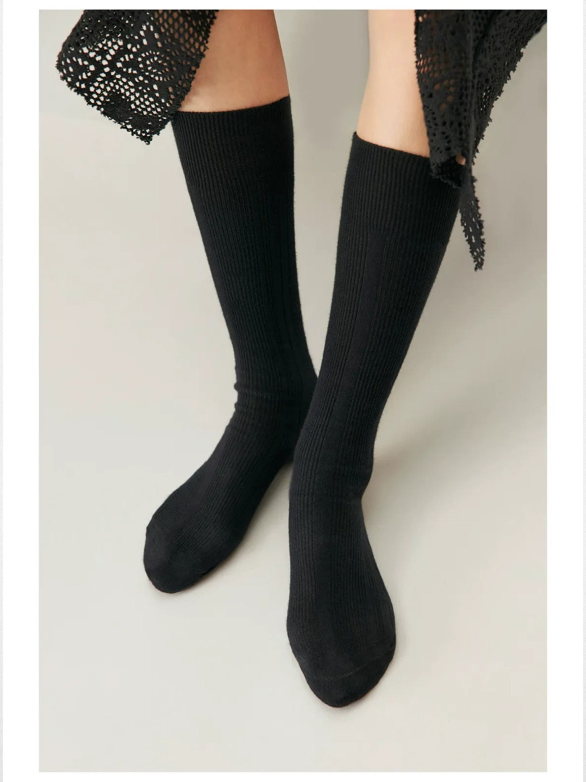 Simple Project Irregular Ribbed Crew Socks in Black - On Model