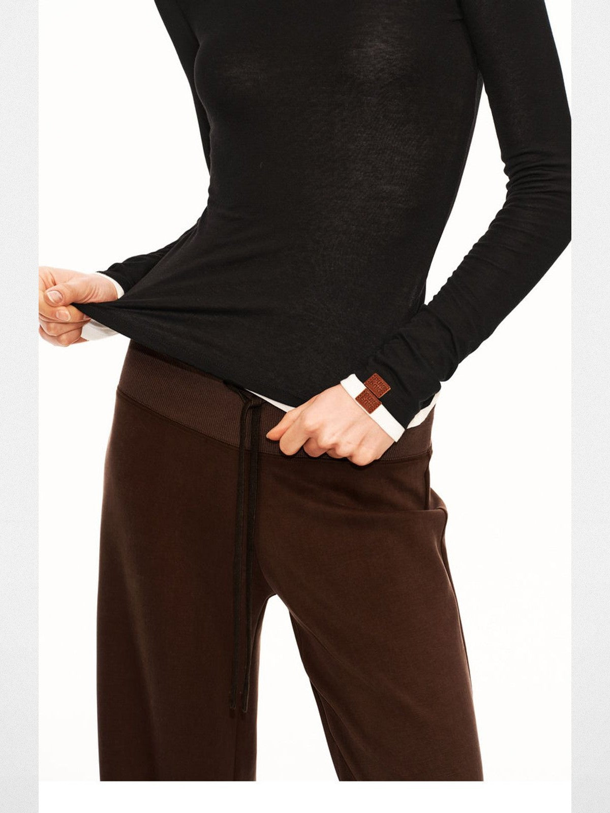 PUKI Lyocell Wide Leg Drawstring Trousers in Brown - On Model