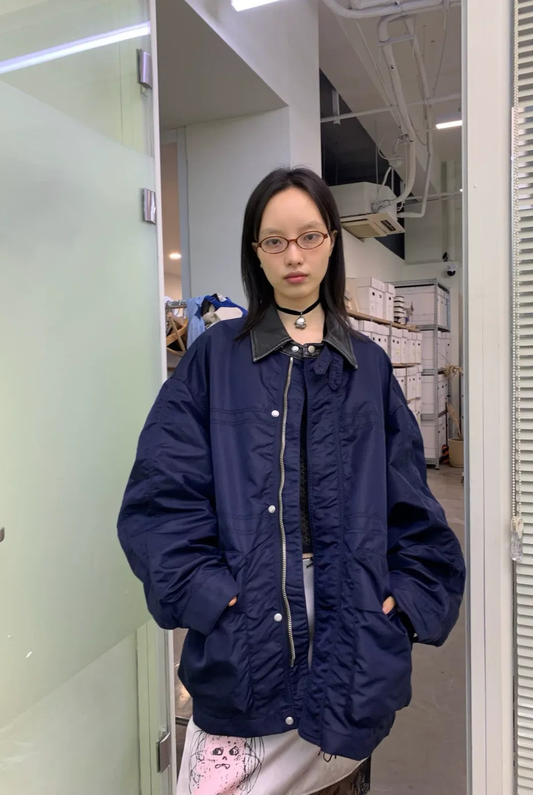 NeverSeez Vintage Wash Nylon Barn Jacket in Navy - On Model