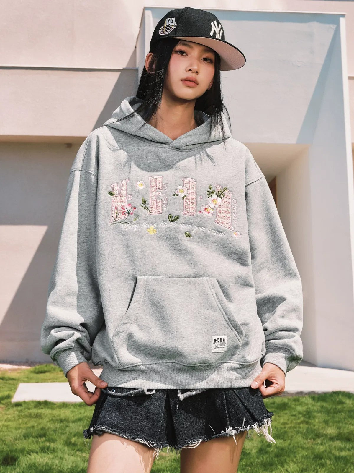 MEDM Floral Patch Fleece Hoodie in Gray - On Female Model