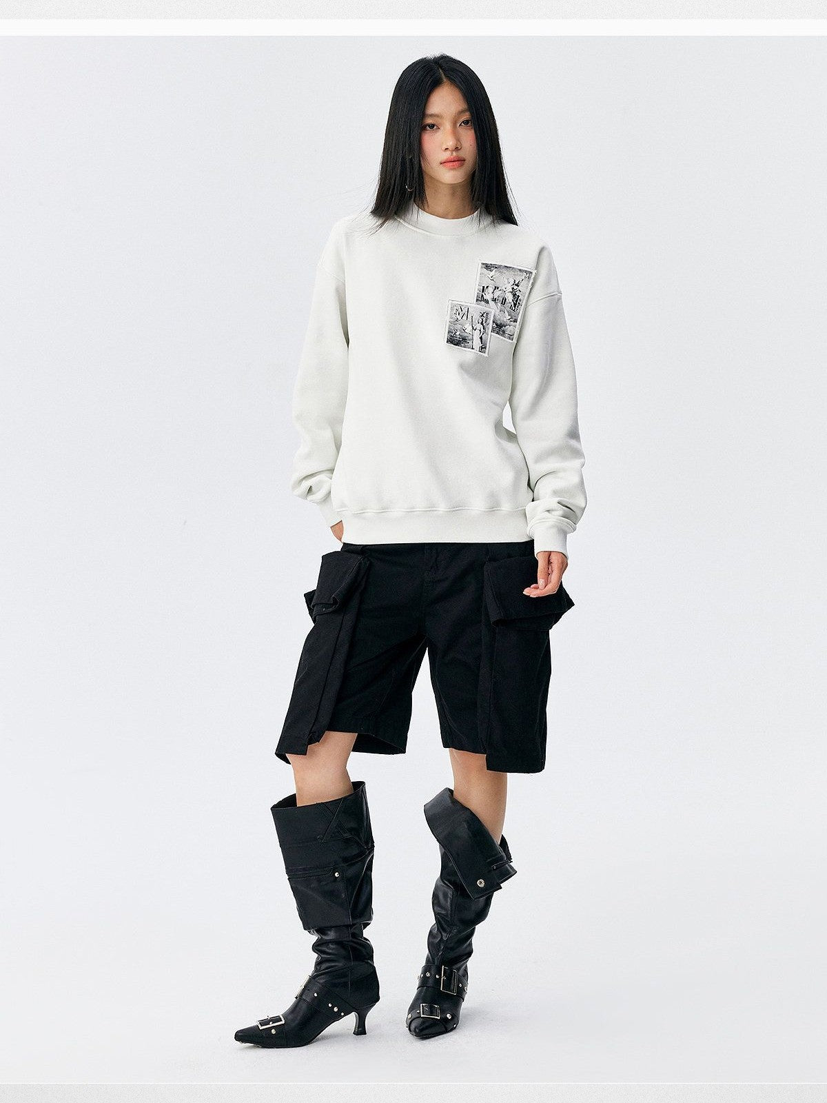 MEDM Angel Appliqu Fleece Sweatshirt in White - On Female Model