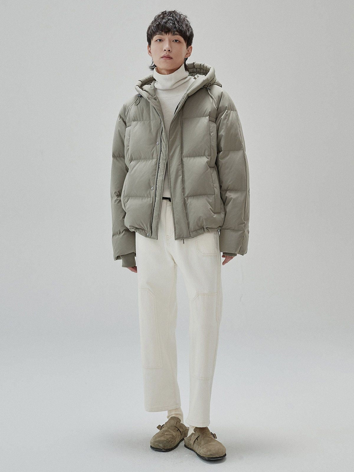 NANS Wide Quilt Hooded Down Puffer in Mint - On Model