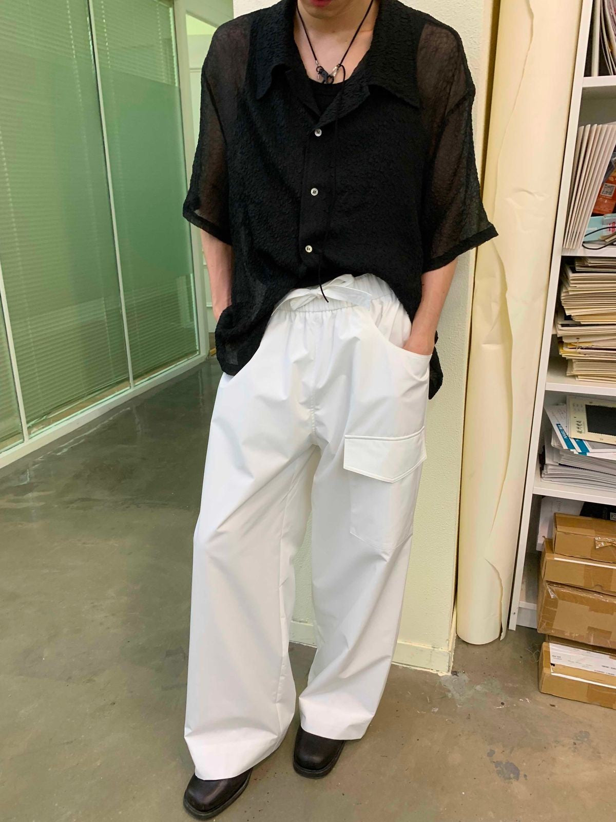 NeverSeez Quick Dry Wide Leg Trousers in White - On Male Model