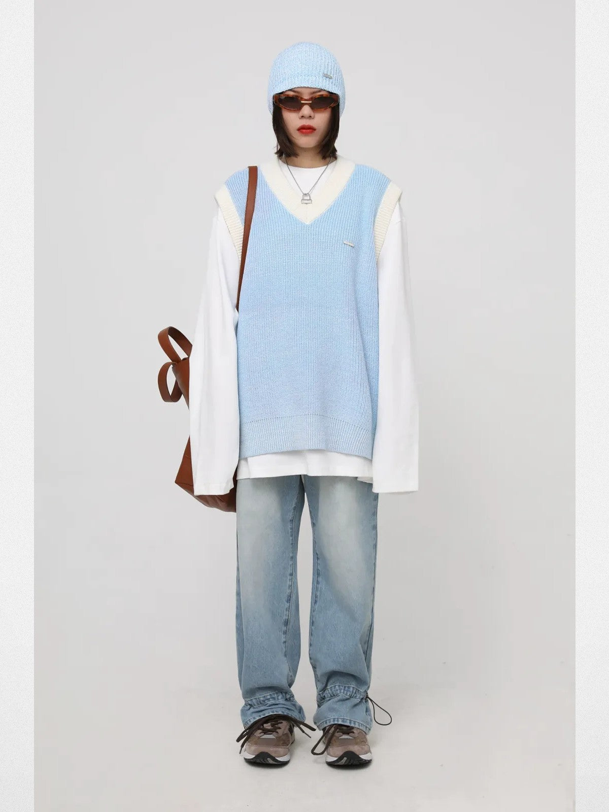 MASONPRINCE Contrast Trim V Neck Knit Vest in Sky Blue - On Female Model