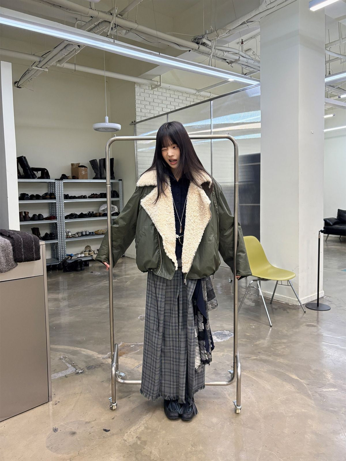 NeverSeez Asymmetric Zip Sherpa Collar Jacket in Green - On Model