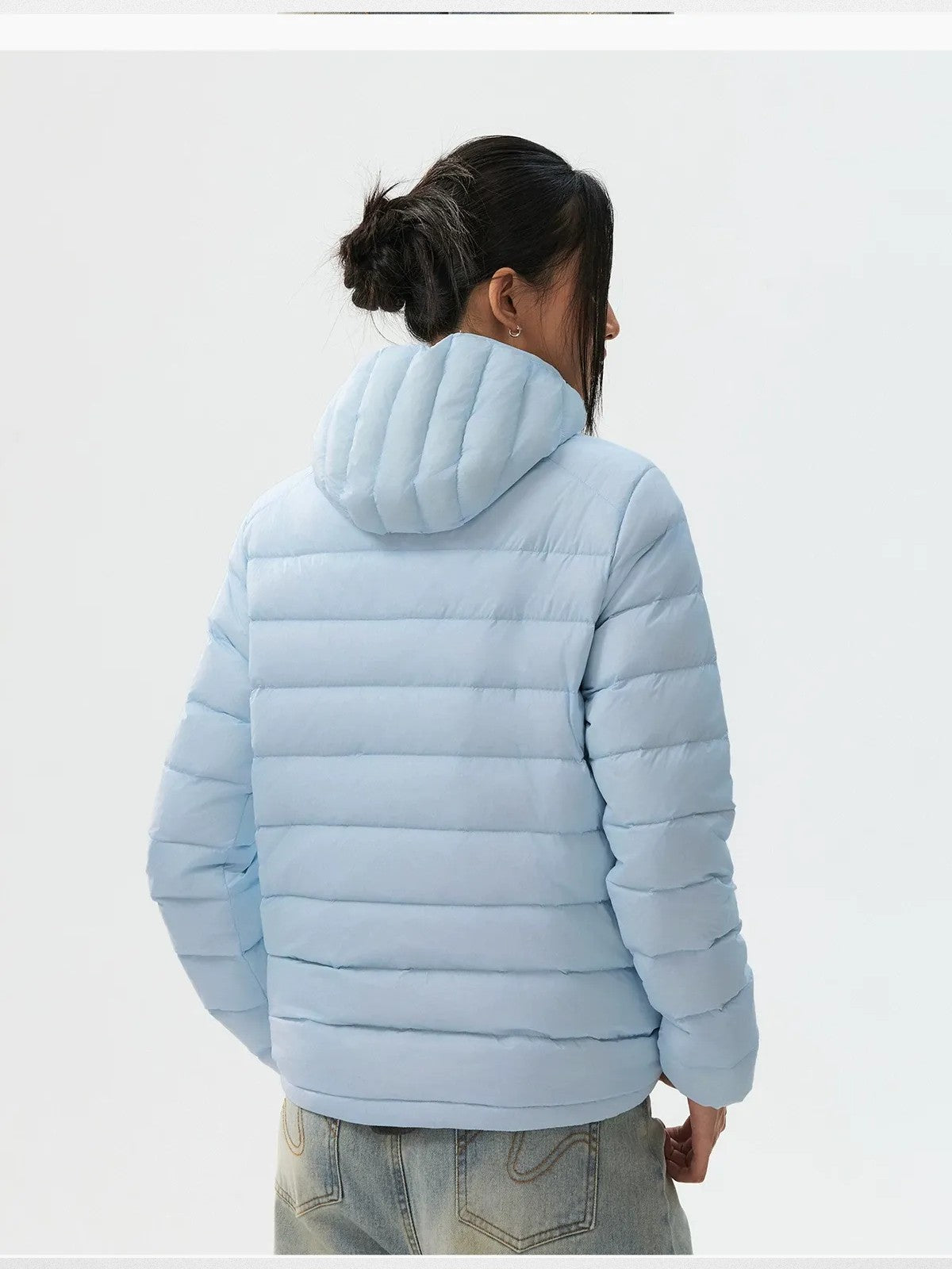 MEDM Waterproof Goose Down Hooded Puffer in Sky Blue - On Female Model