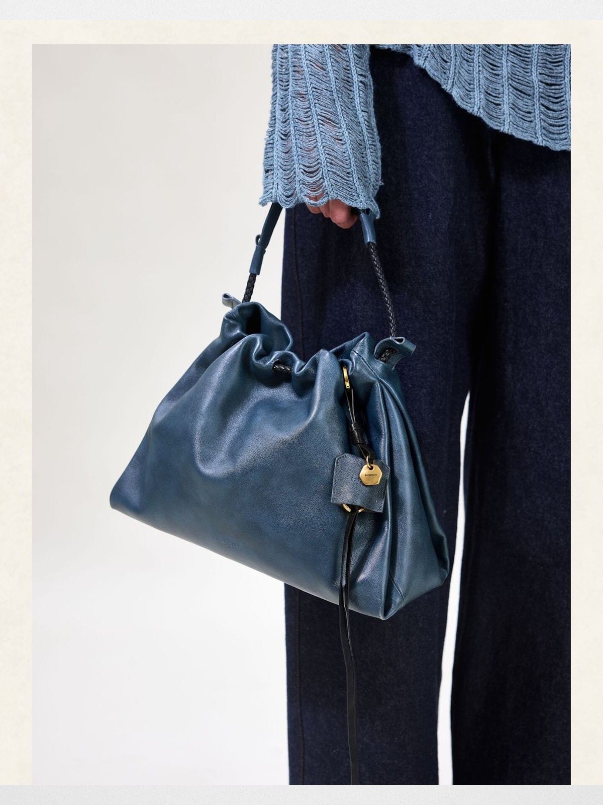 Songmont Slouchy Nappa Leather Tote in Navy Blue - On Model